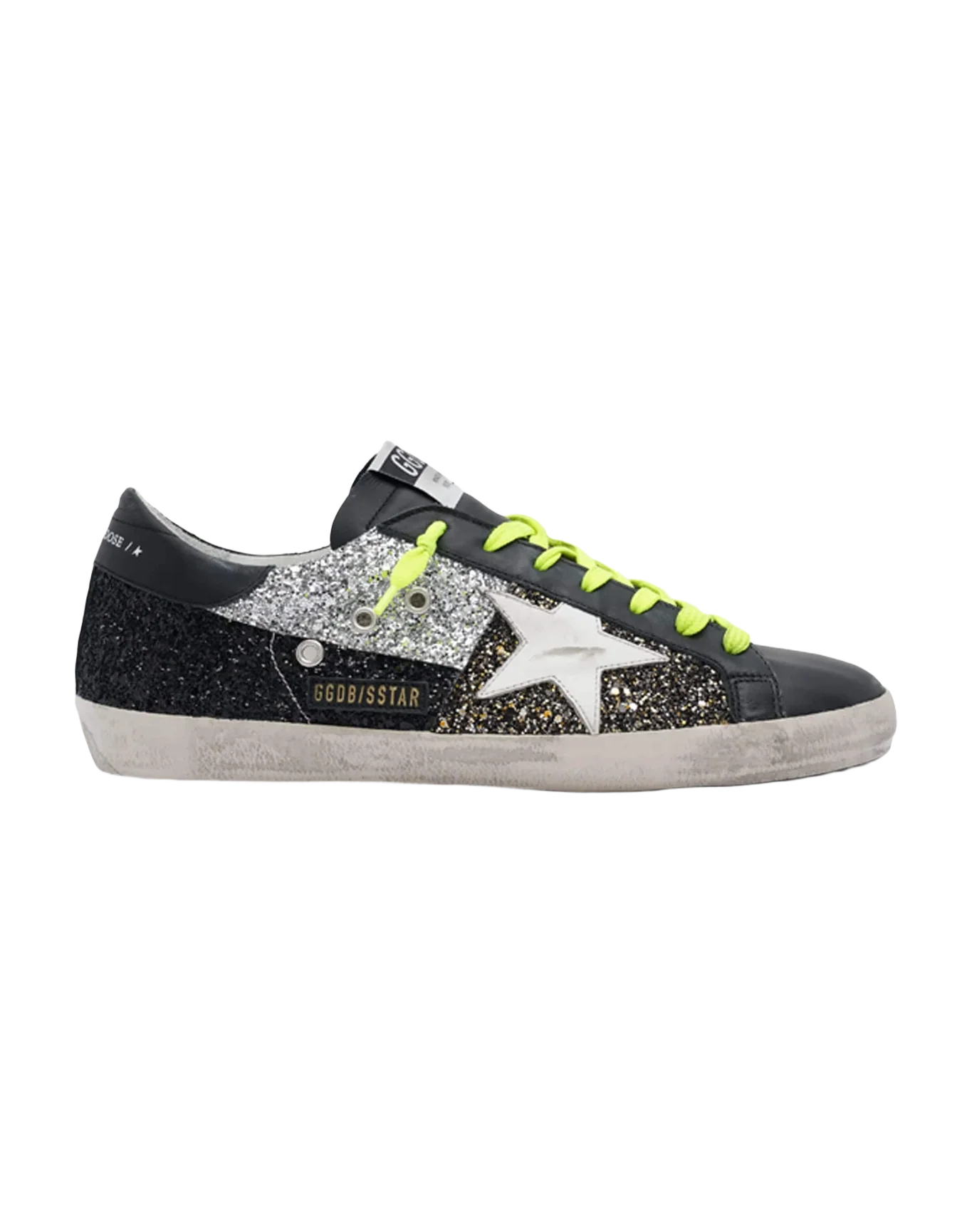 Men | Super-Star Sneakers with Gold, Silver & Black Glitter Inserts | Black x Black Gold x Silver x White - Image 6