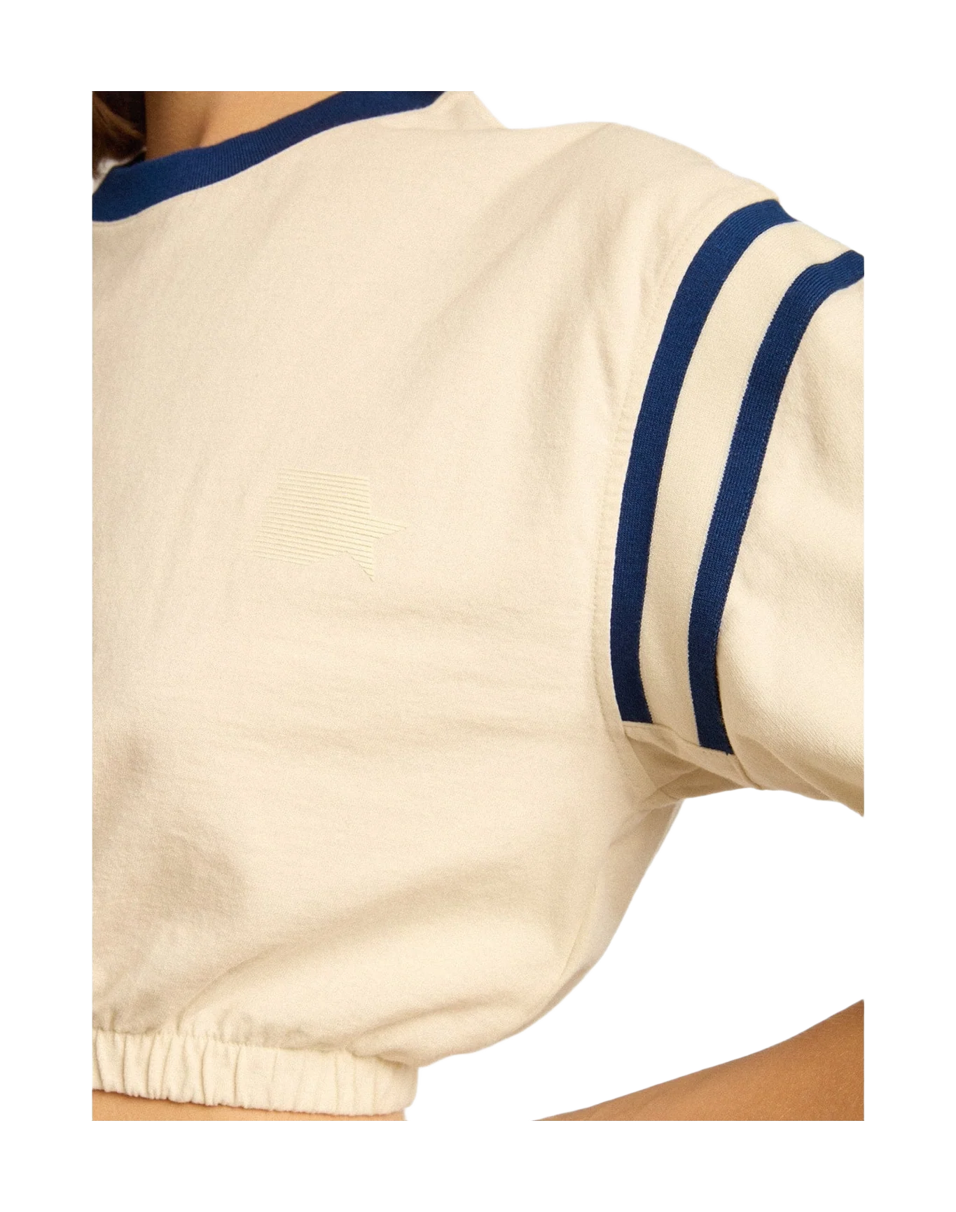 Women | Aged White Cotton Cropped T-Shirt with Lettering On The Back | Heritage White x Marathon Blue