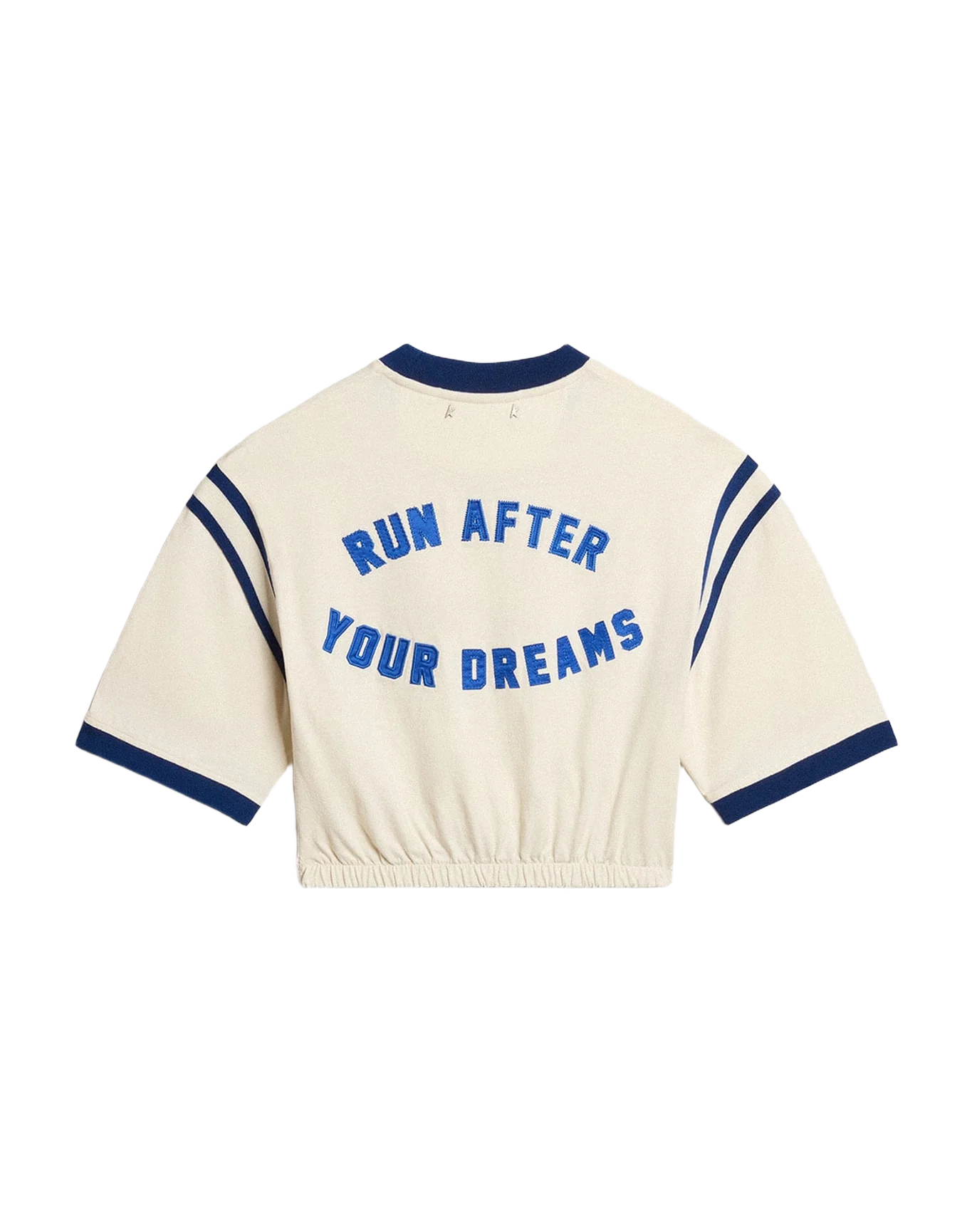 Women | Aged White Cotton Cropped T-Shirt with Lettering On The Back | Heritage White x Marathon Blue - Image 3