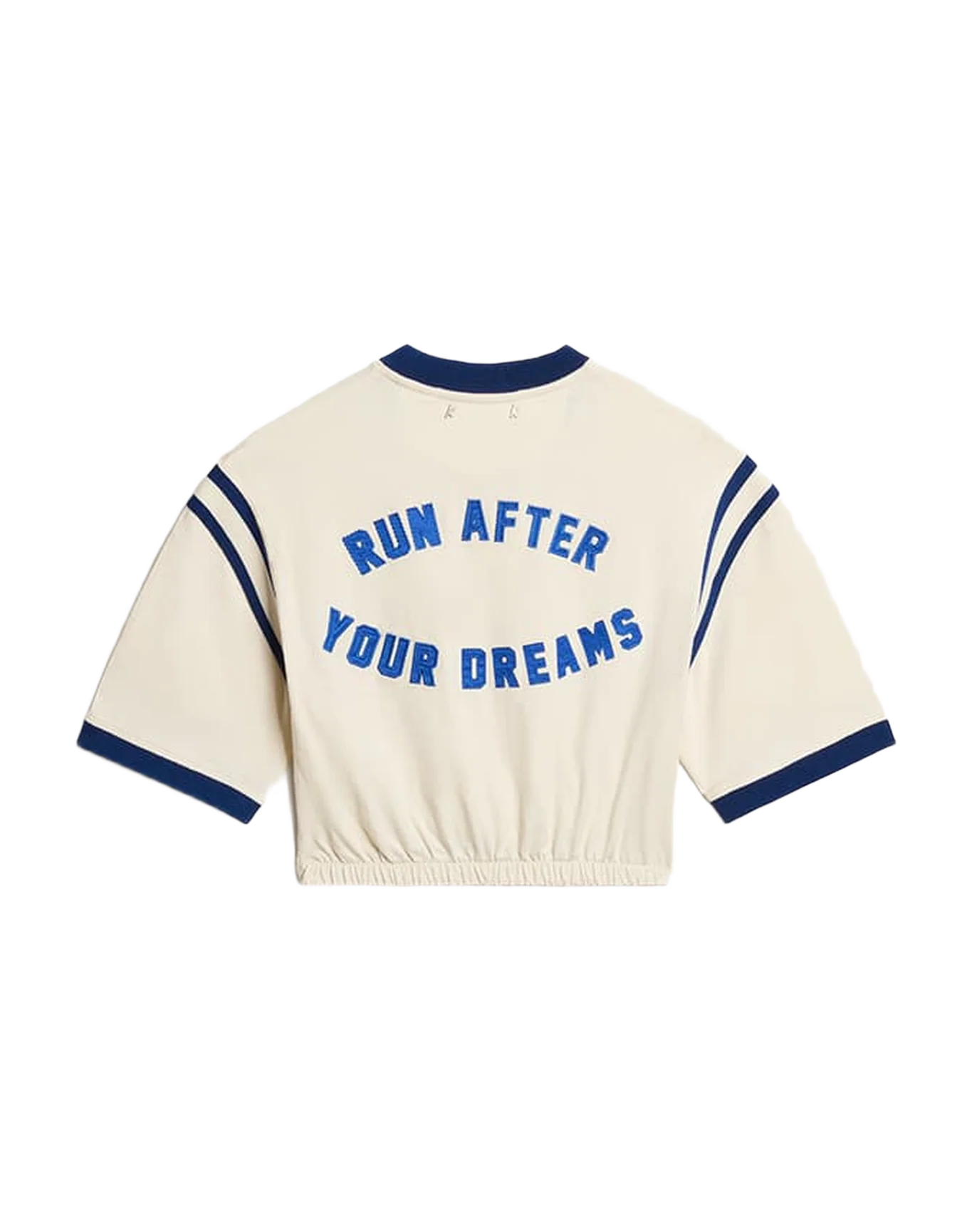Women | Aged White Cotton Cropped T-Shirt with Lettering On The Back | Heritage White x Marathon Blue - Image 4
