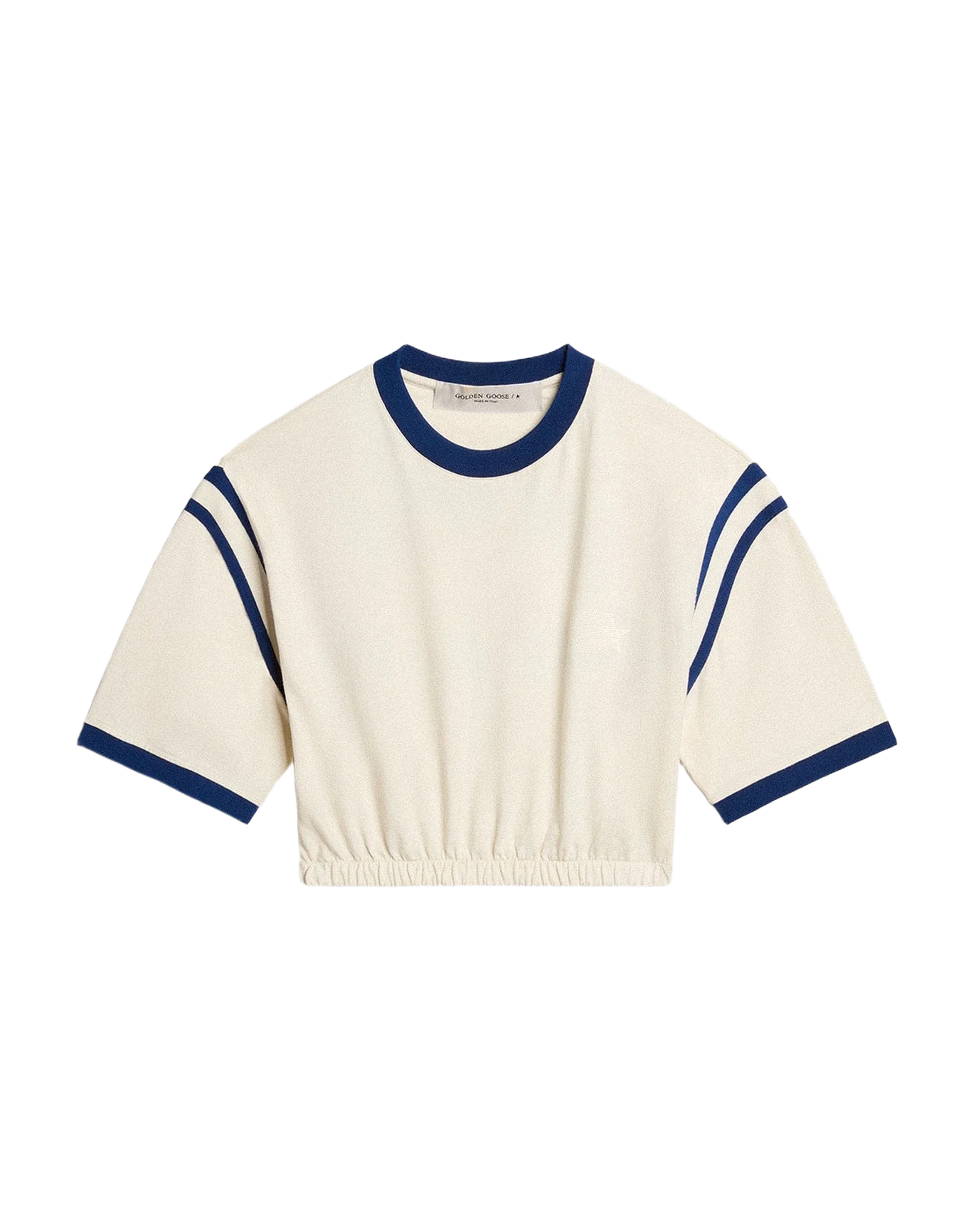 Women | Aged White Cotton Cropped T-Shirt with Lettering On The Back | Heritage White x Marathon Blue - Image 7