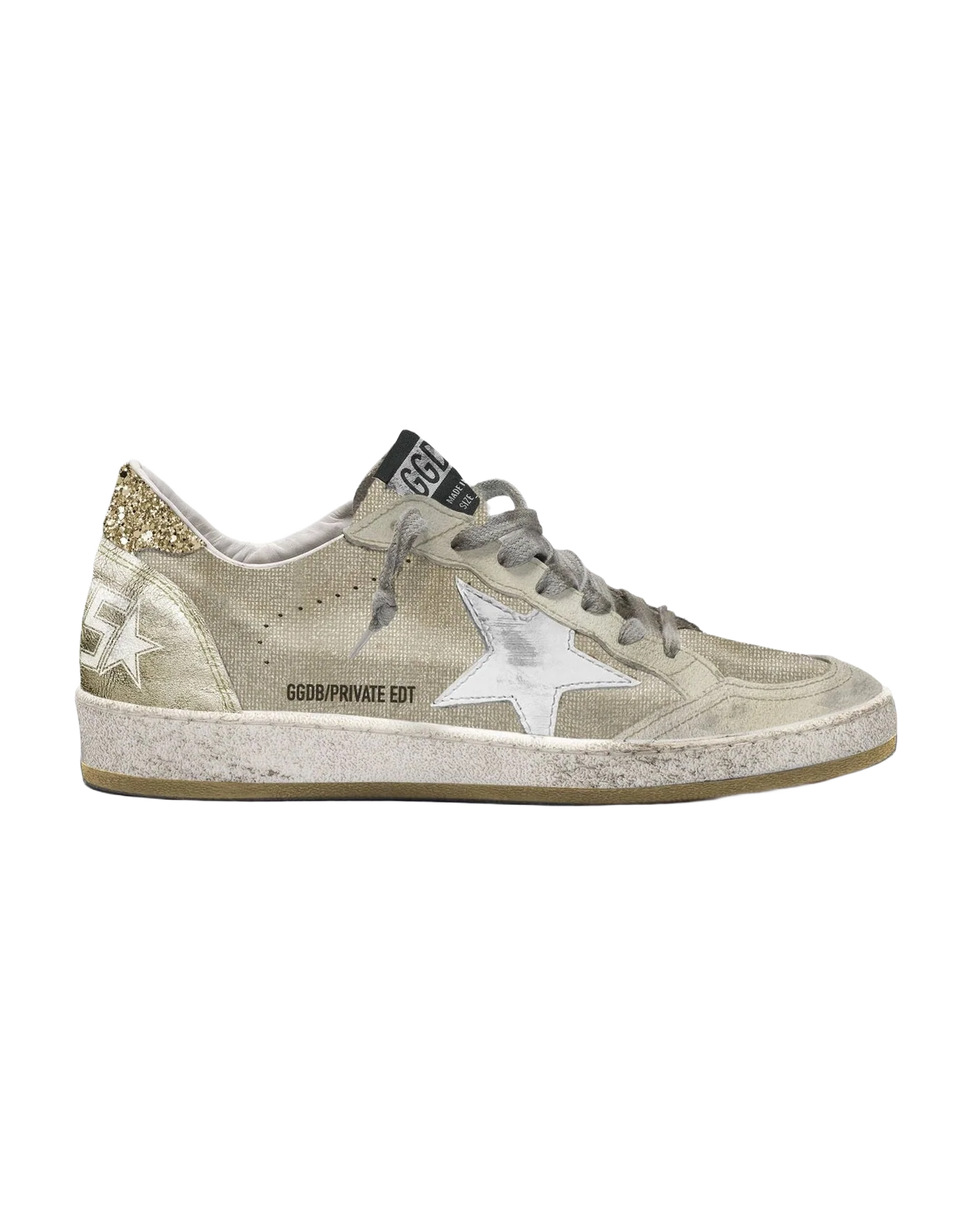 Women | Ball Star Grey Canvas with Leather Inserts & Gold Glitter Heel Tab | Gold x White x Grey