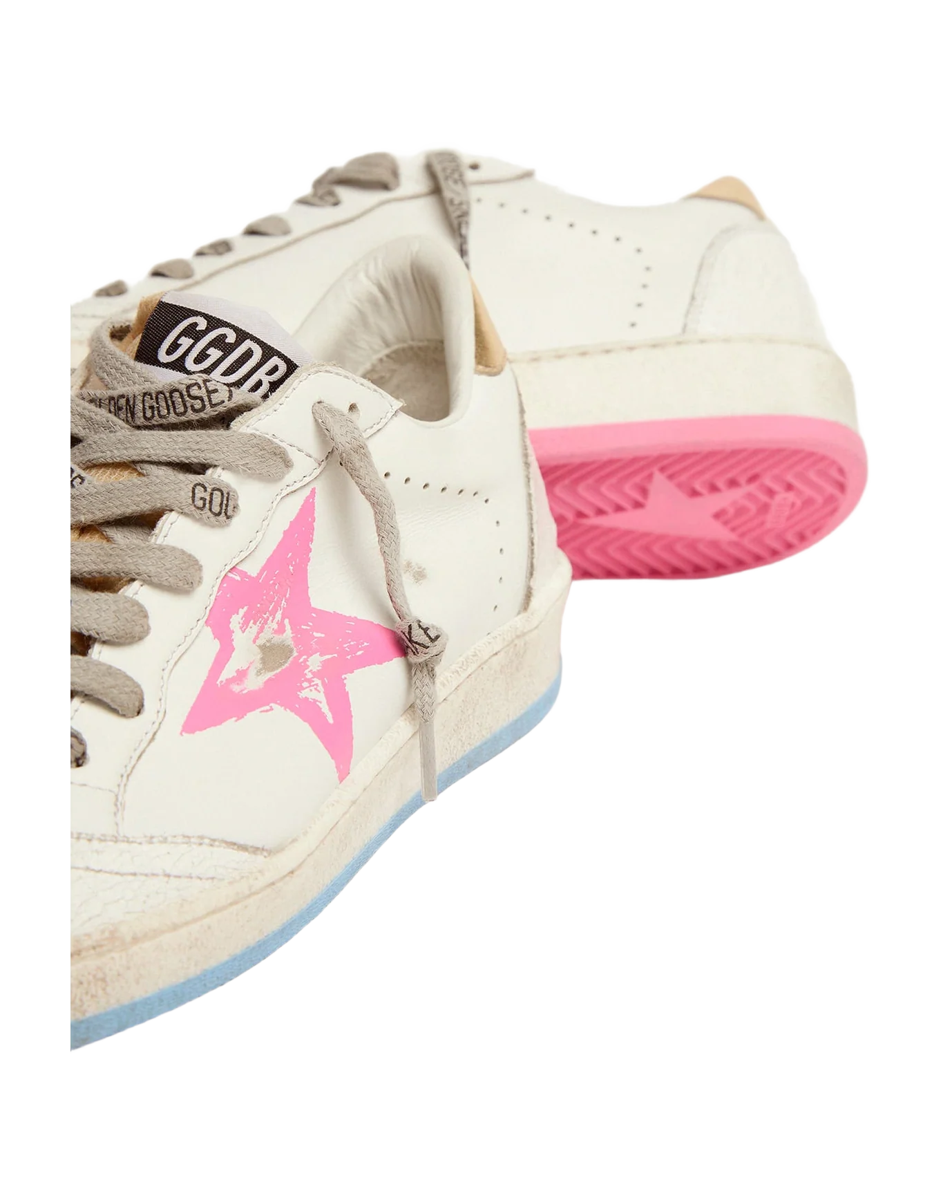 Women | Ball Star Sneakers with Gold Heel Tab & Foam Rubber Tongue | White x Light Bleu Pink x Gold - Image 2
