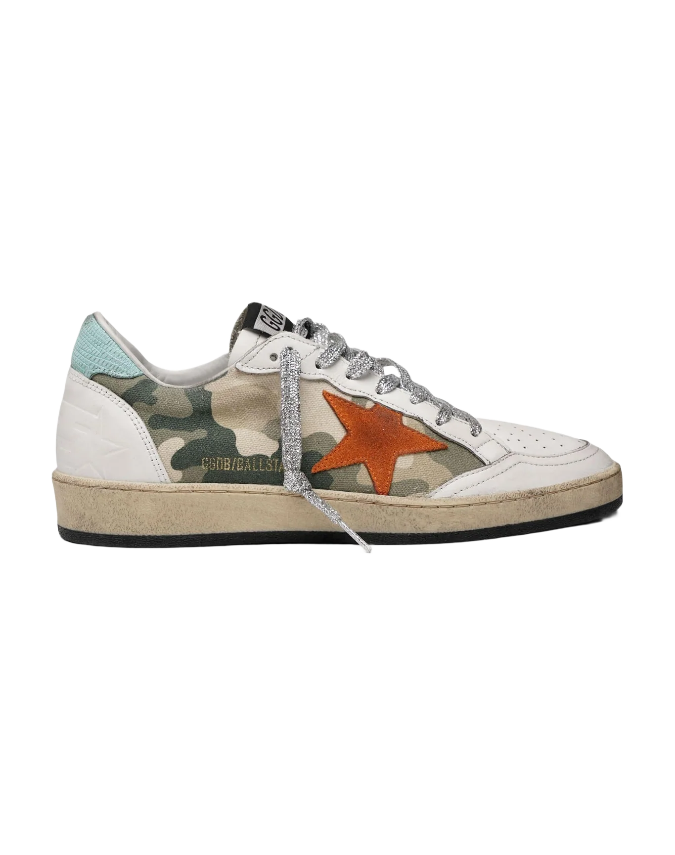Women | Ball Star White Nappa Leather & Mimetic Print with Orange Suede Star & Turquoise Leather Heel Tab - Image 2