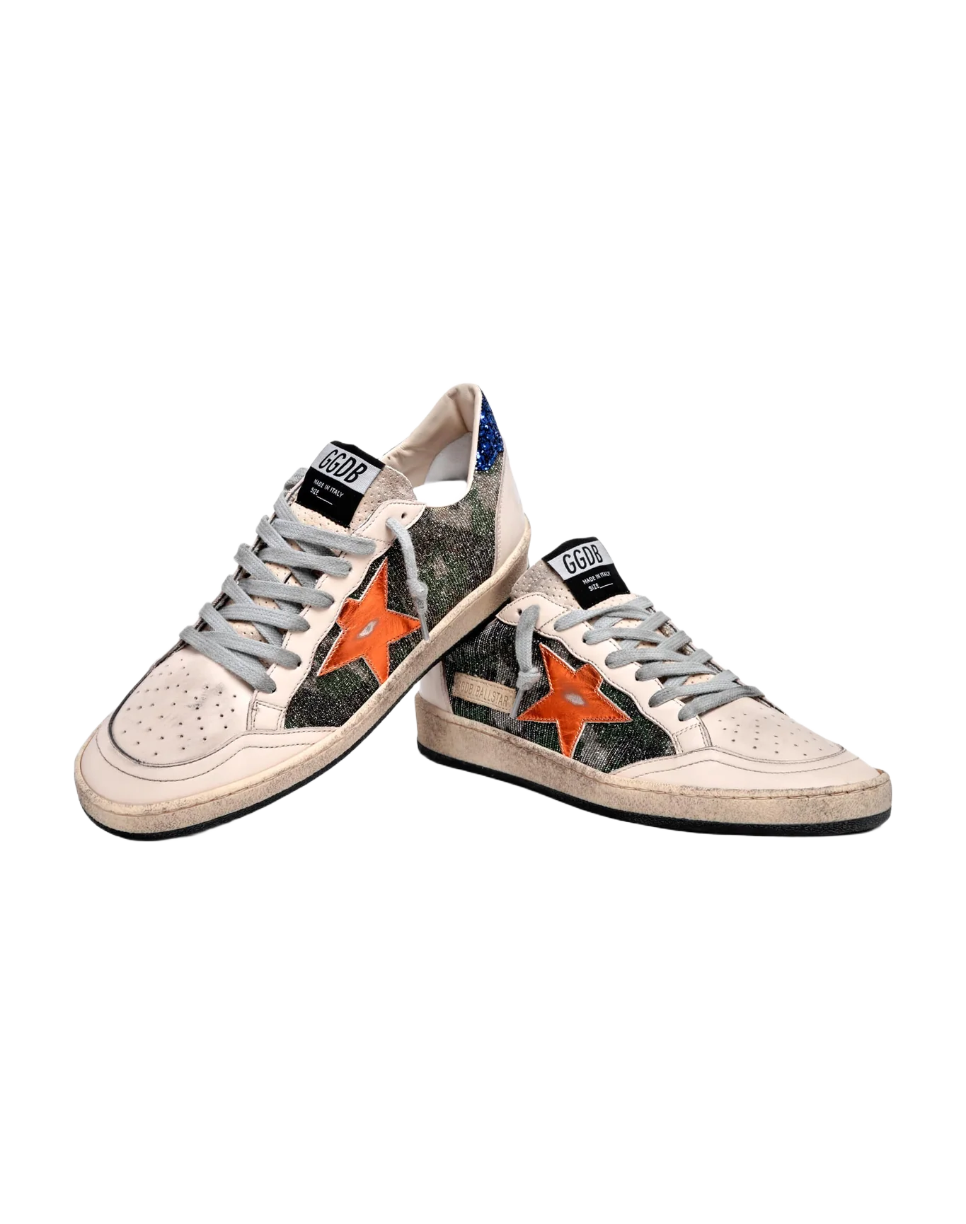 Women | Ball Star White Nappa Leather & Silver Glitter with Metallic Orange Leather Star & Blue Glitter Heel Tab | Green Camouflage x Smoke Gray x Yellow Ochre x Bluette - Image 3