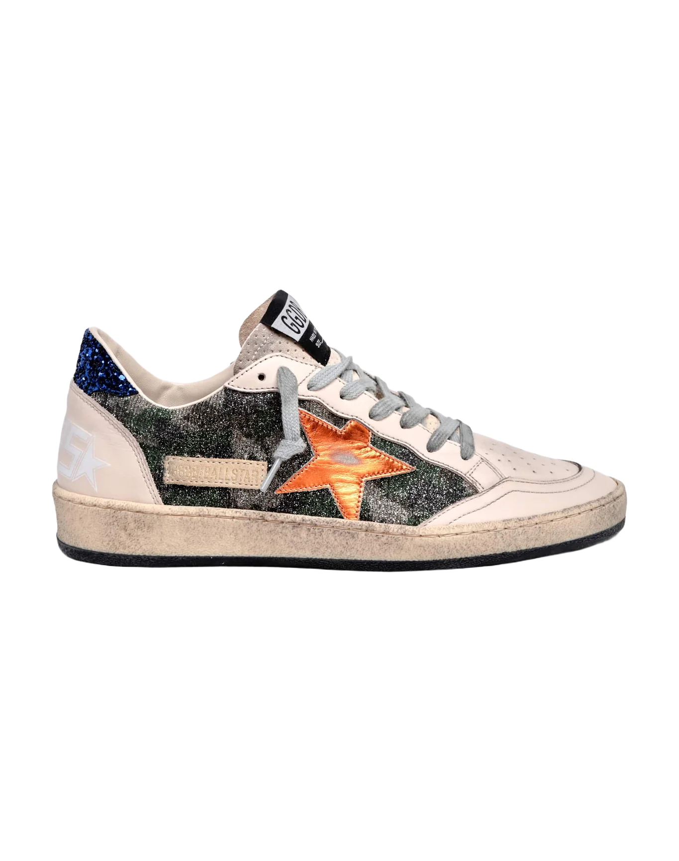Women | Ball Star White Nappa Leather & Silver Glitter with Metallic Orange Leather Star & Blue Glitter Heel Tab | Green Camouflage x Smoke Gray x Yellow Ochre x Bluette - Image 7