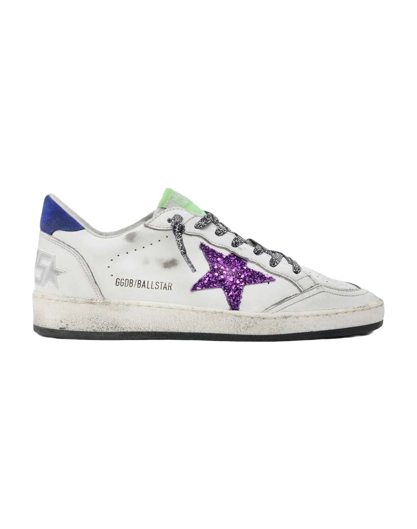 Women | Ball Star White Nappa Leather with Purple Glitter Star & Blue Heel Tab | White x Purple x Blue