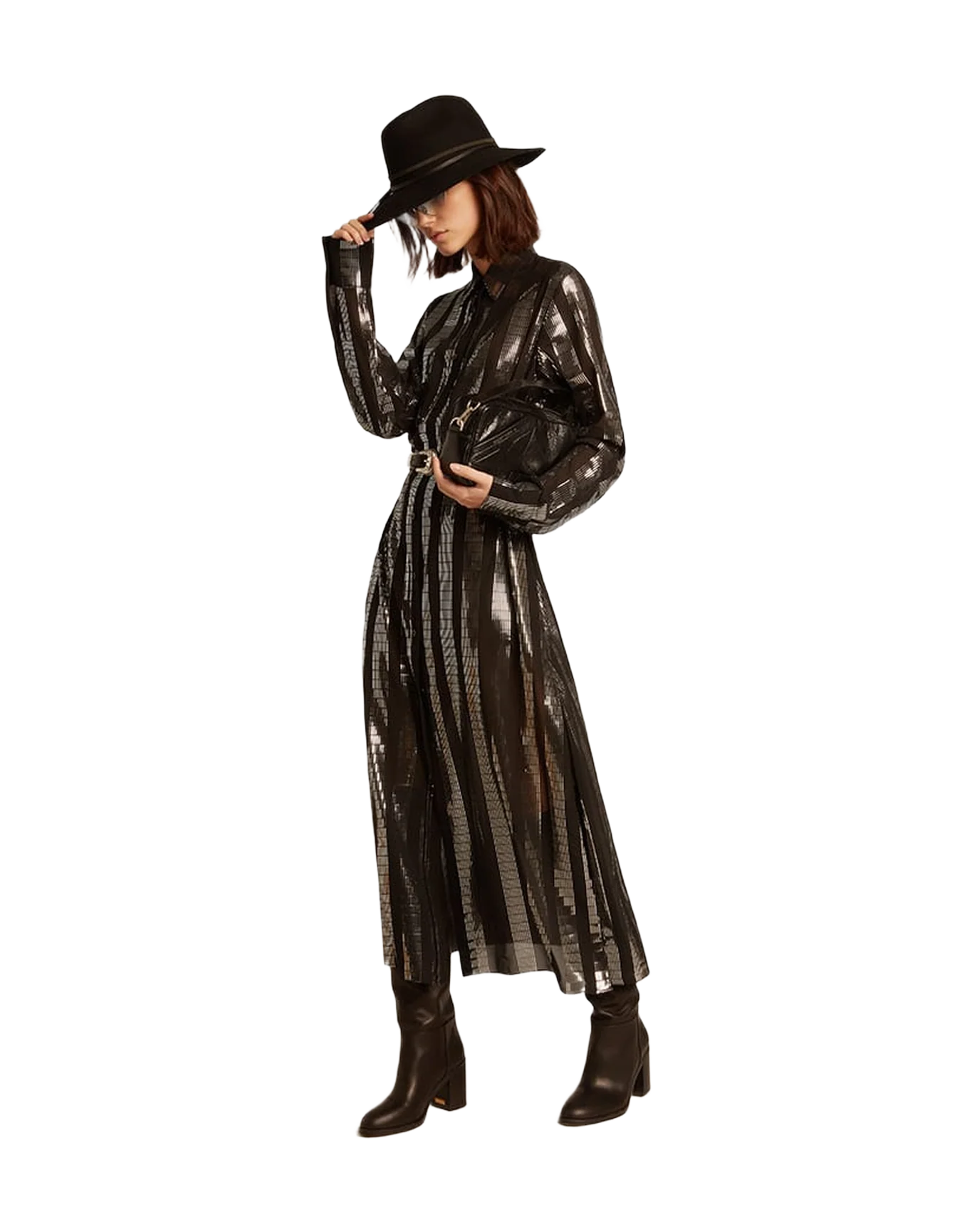 Women | Black Shirt Dress with Metallic Appliqués | Black - Image 10