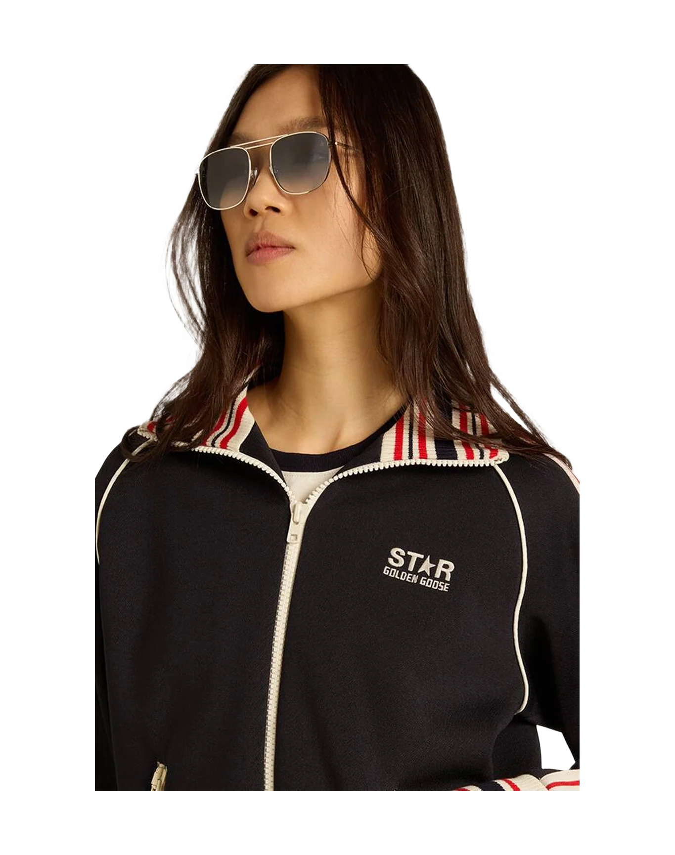 Women | Black Zipped Sweatshirt with Side Strips | Dark Blue x Papyrus - Image 4