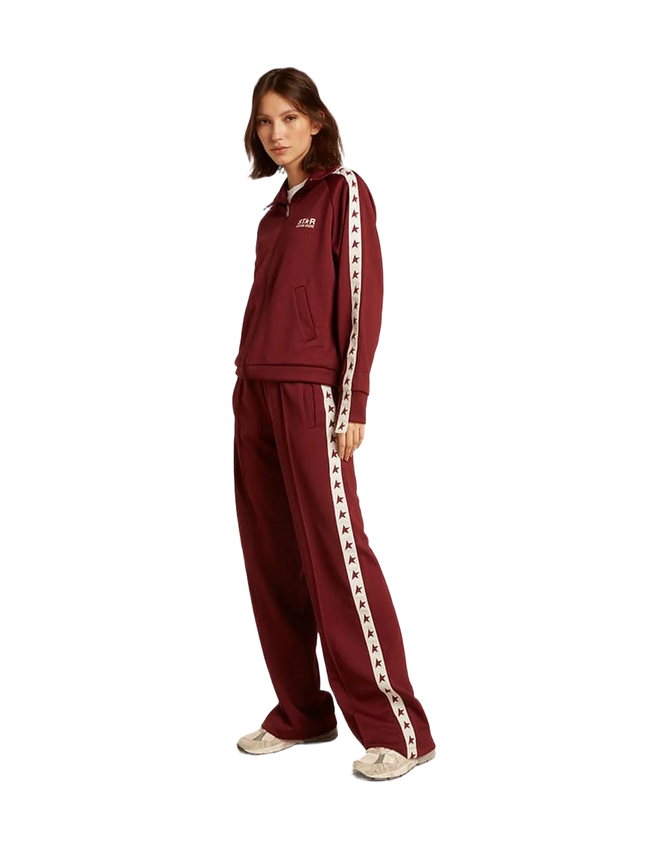 Women | Burgundy Zipped Sweatshirt with White Strip & Contrasting Stars | Windsor Wine x White - Image 5