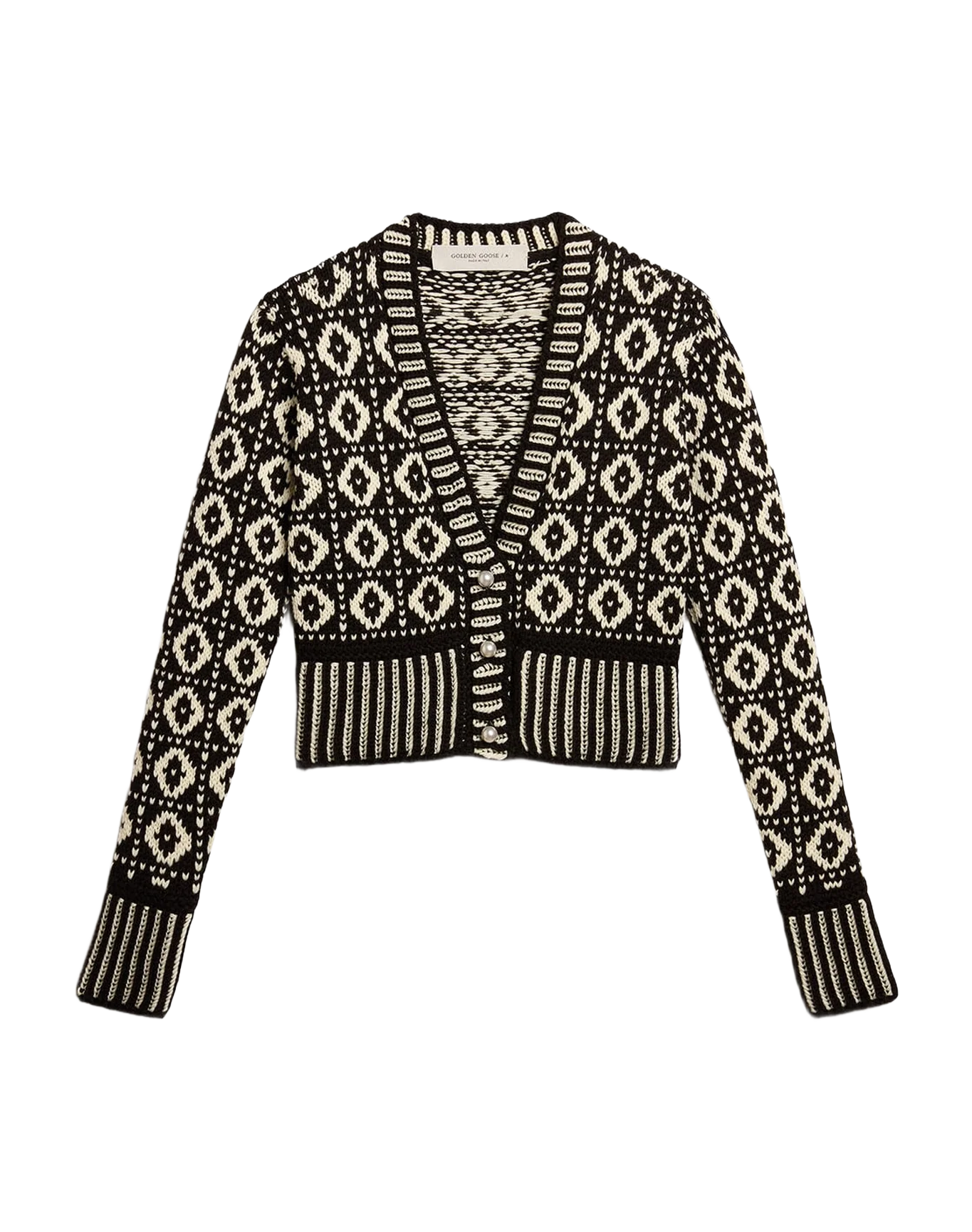 Women | Cropped Cardigan with Geometric Design Vintage White & Black | Antique White x Black - Image 2