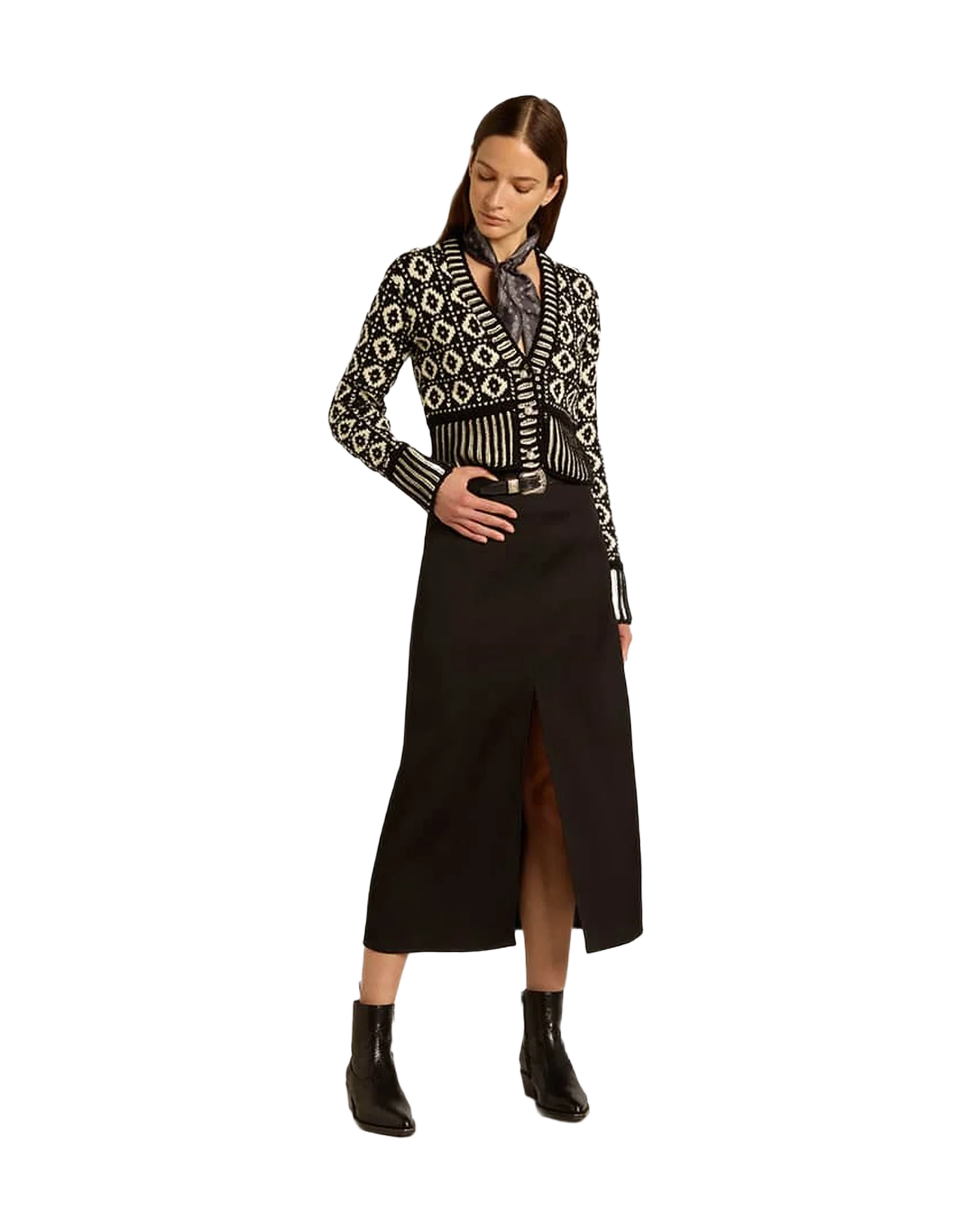 Women | Cropped Cardigan with Geometric Design Vintage White & Black | Antique White x Black - Image 3