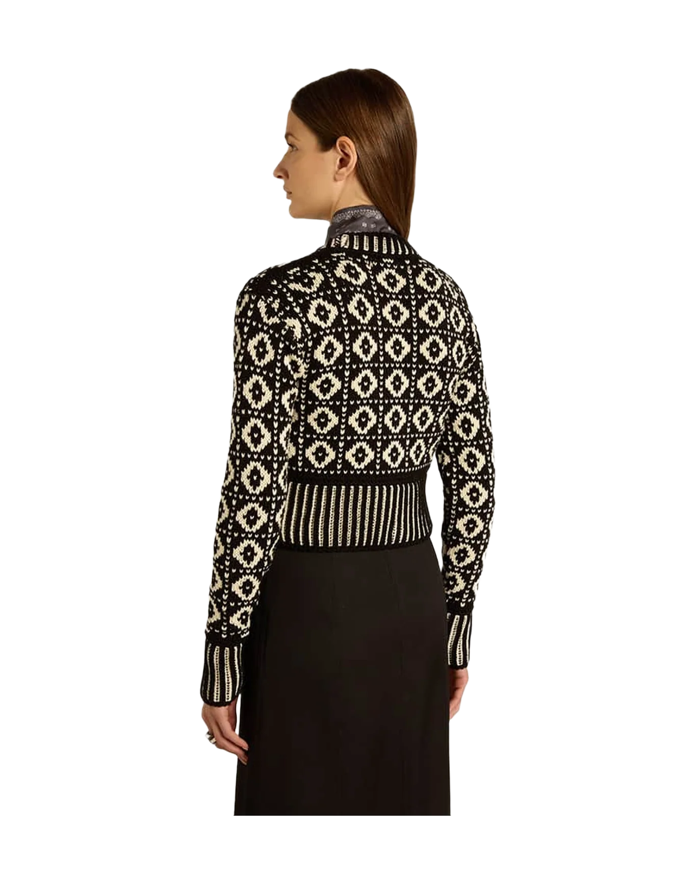 Women | Cropped Cardigan with Geometric Design Vintage White & Black | Antique White x Black - Image 4