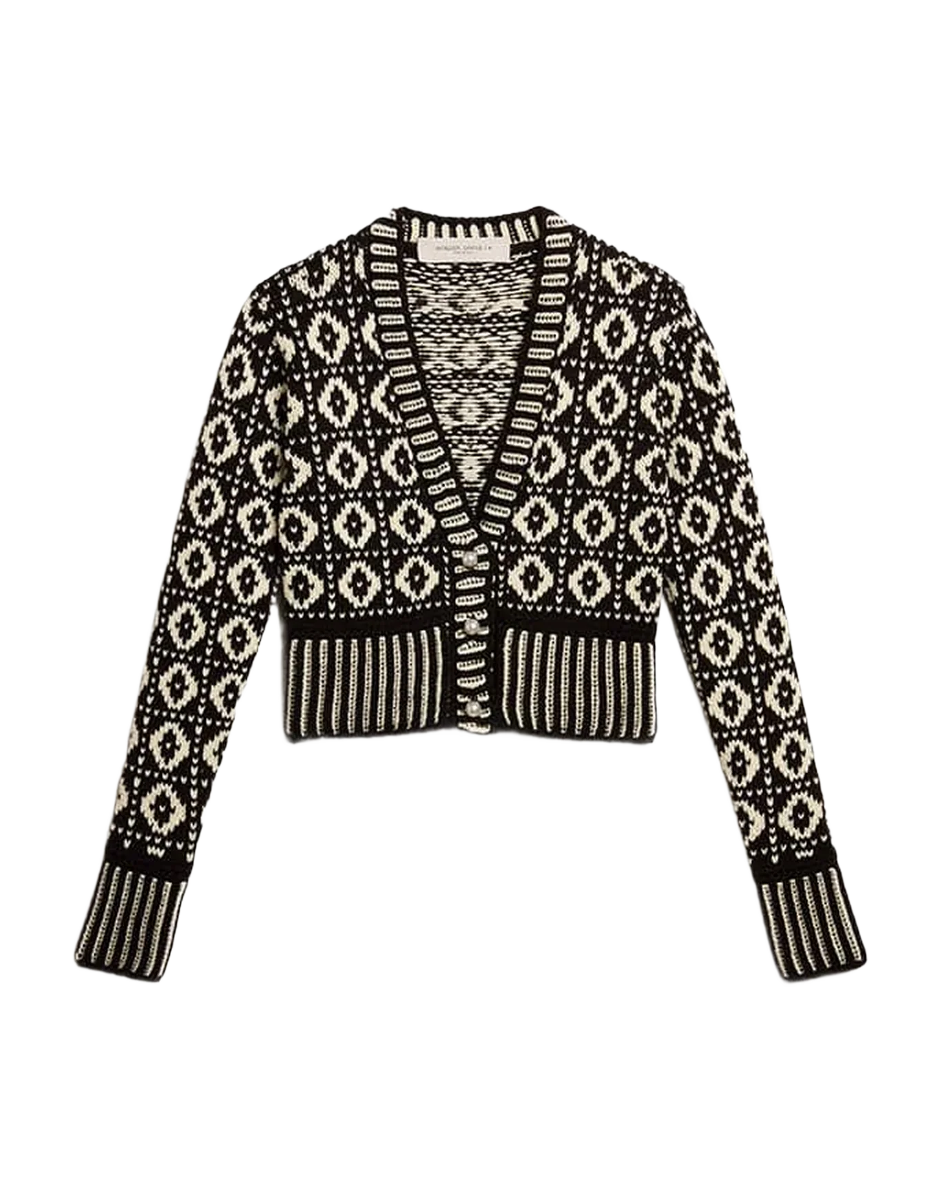 Women | Cropped Cardigan with Geometric Design Vintage White & Black | Antique White x Black - Image 5