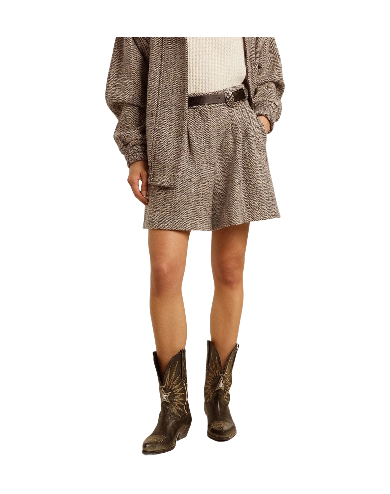 Women | Ecru Brown Shorts Herringbone Wool | Midnight x Ecru