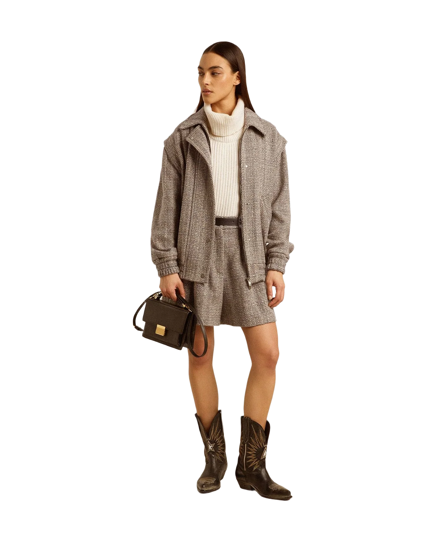 Women | Ecru Brown Shorts Herringbone Wool | Midnight x Ecru - Image 8