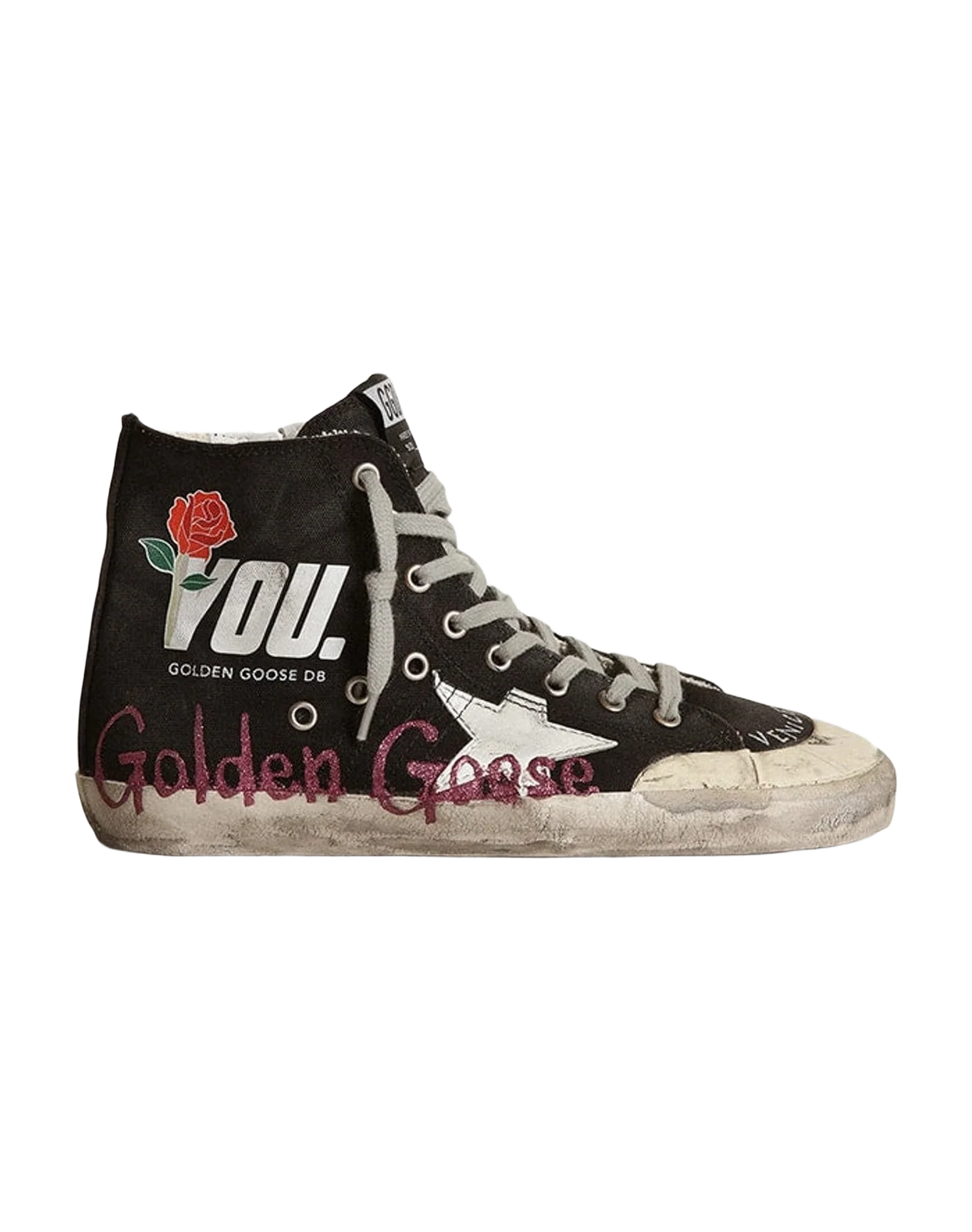 Women | Francy Penstar Sneakers Black Canvas with Golden Goose Signature & White Leather Star | Black x White x Purple