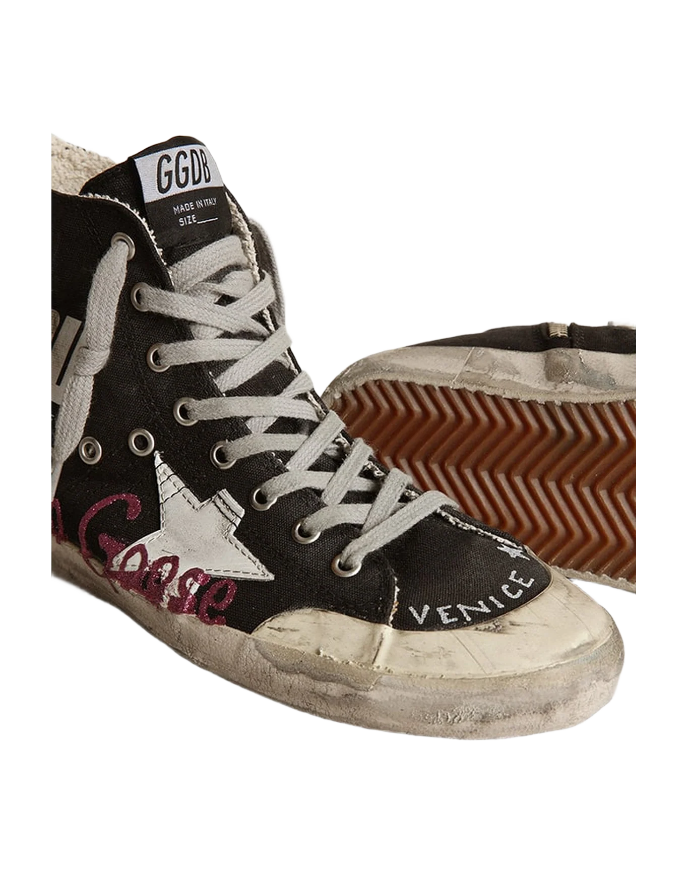 Women | Francy Penstar Sneakers Black Canvas with Golden Goose Signature & White Leather Star | Black x White x Purple - Image 4