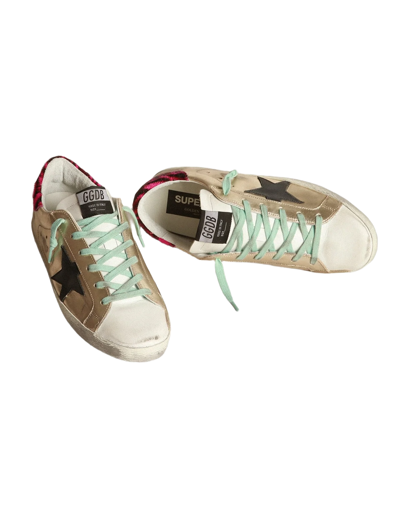 Women | Gold Super-Star Sneakers with Zebra-Print Heel Tab | Platinum x White x Black x Fuxia Black Zebra - Image 2