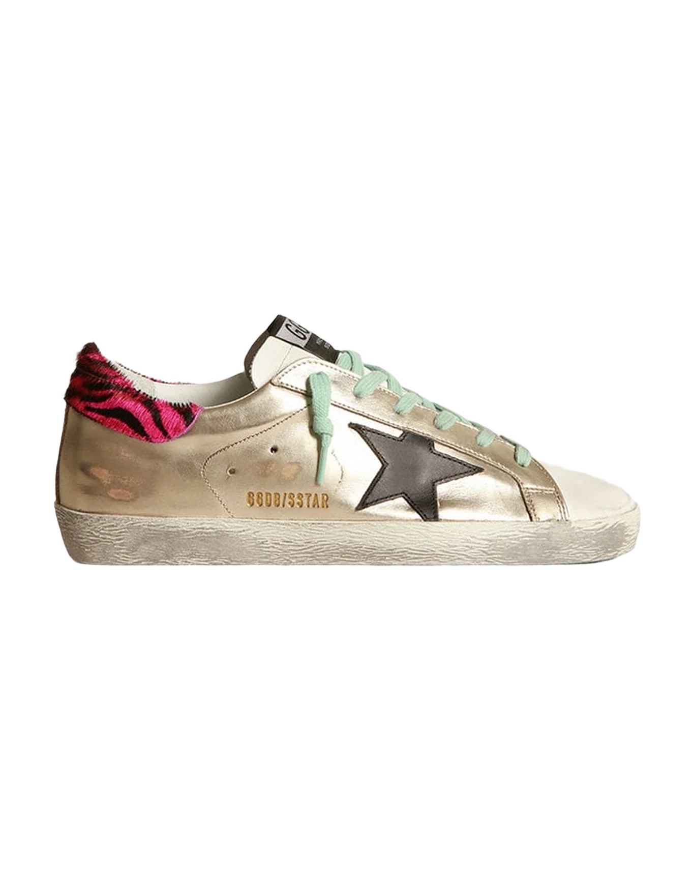 Women | Gold Super-Star Sneakers with Zebra-Print Heel Tab | Platinum x White x Black x Fuxia Black Zebra - Image 3
