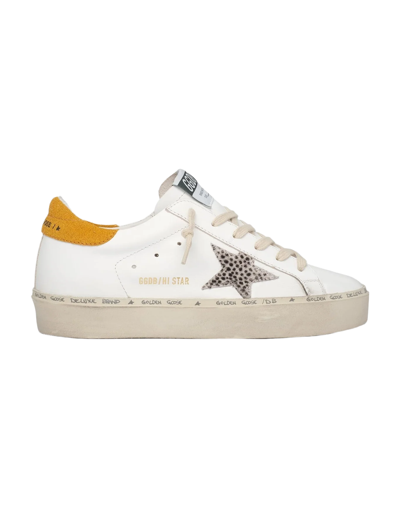 Women | Hi Star Ltd Sneakers with Polka-Dot Pony Skin Star & Suede Heel Tab | White x White Black Pois x Mustard