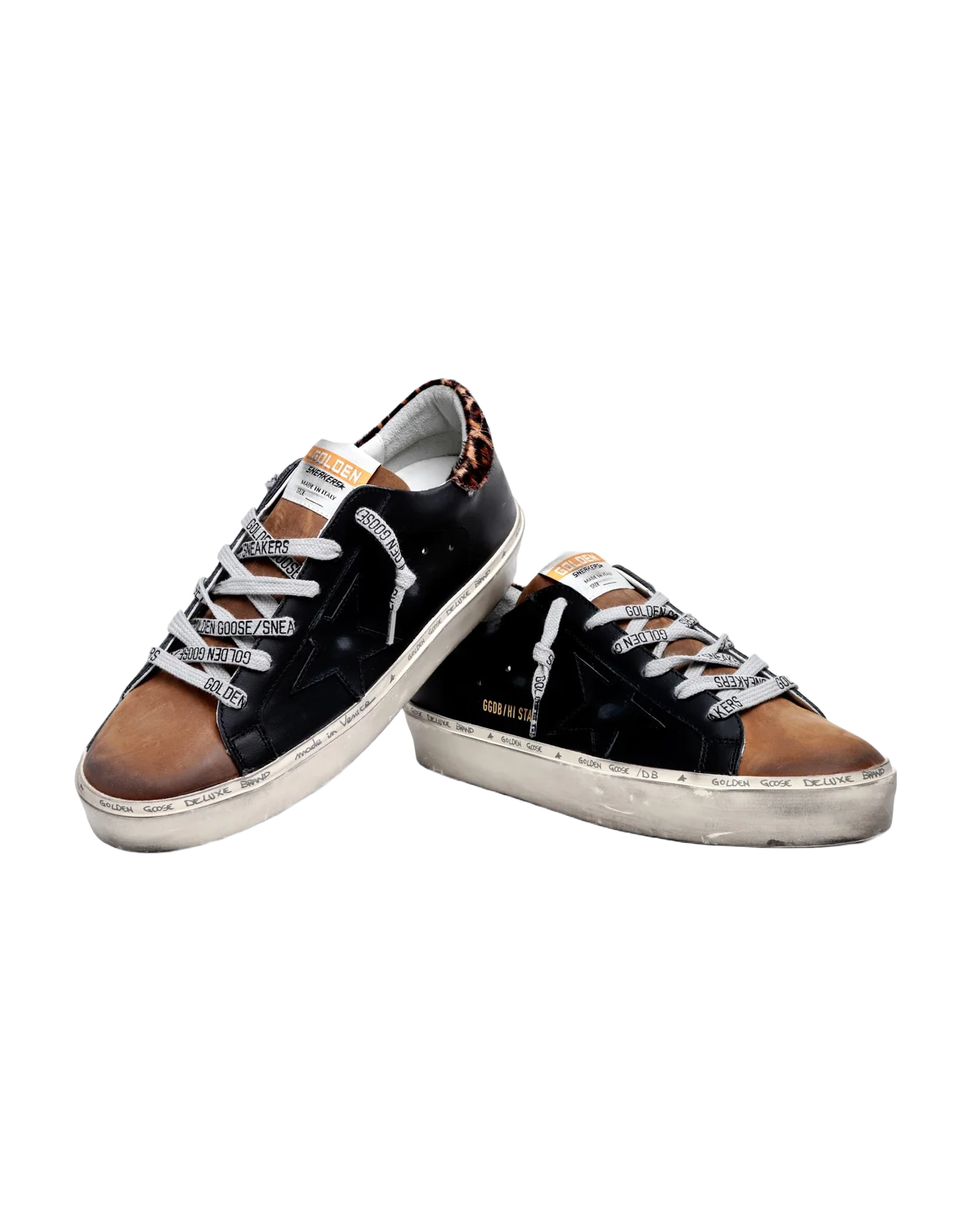 Women | Hi Star Sneakers Black & Brown Leather with Leo Pony Skin Heel Tab | Black x Coffee Brown x Beige Brown Leo - Image 2