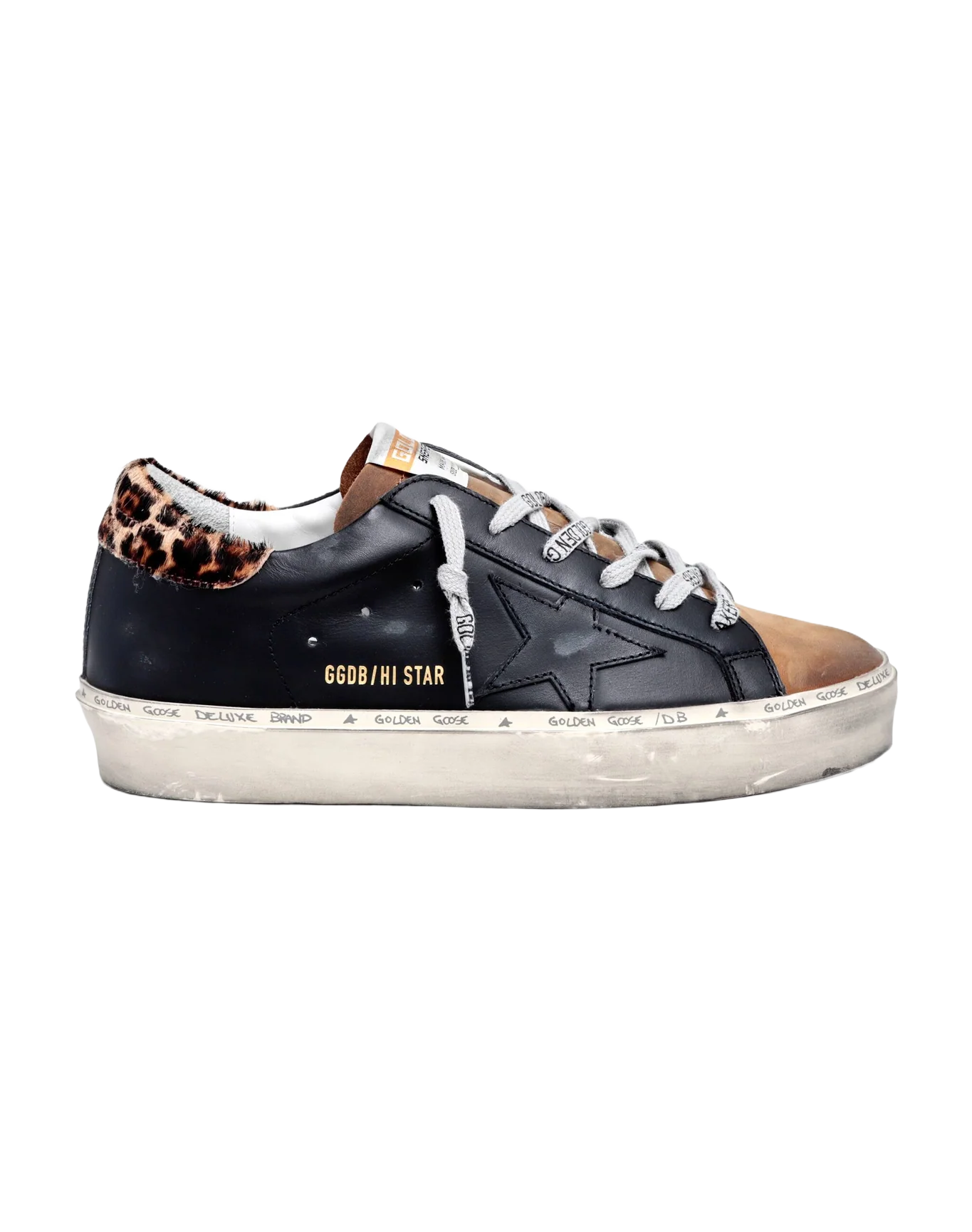 Women | Hi Star Sneakers Black & Brown Leather with Leo Pony Skin Heel Tab | Black x Coffee Brown x Beige Brown Leo - Image 3