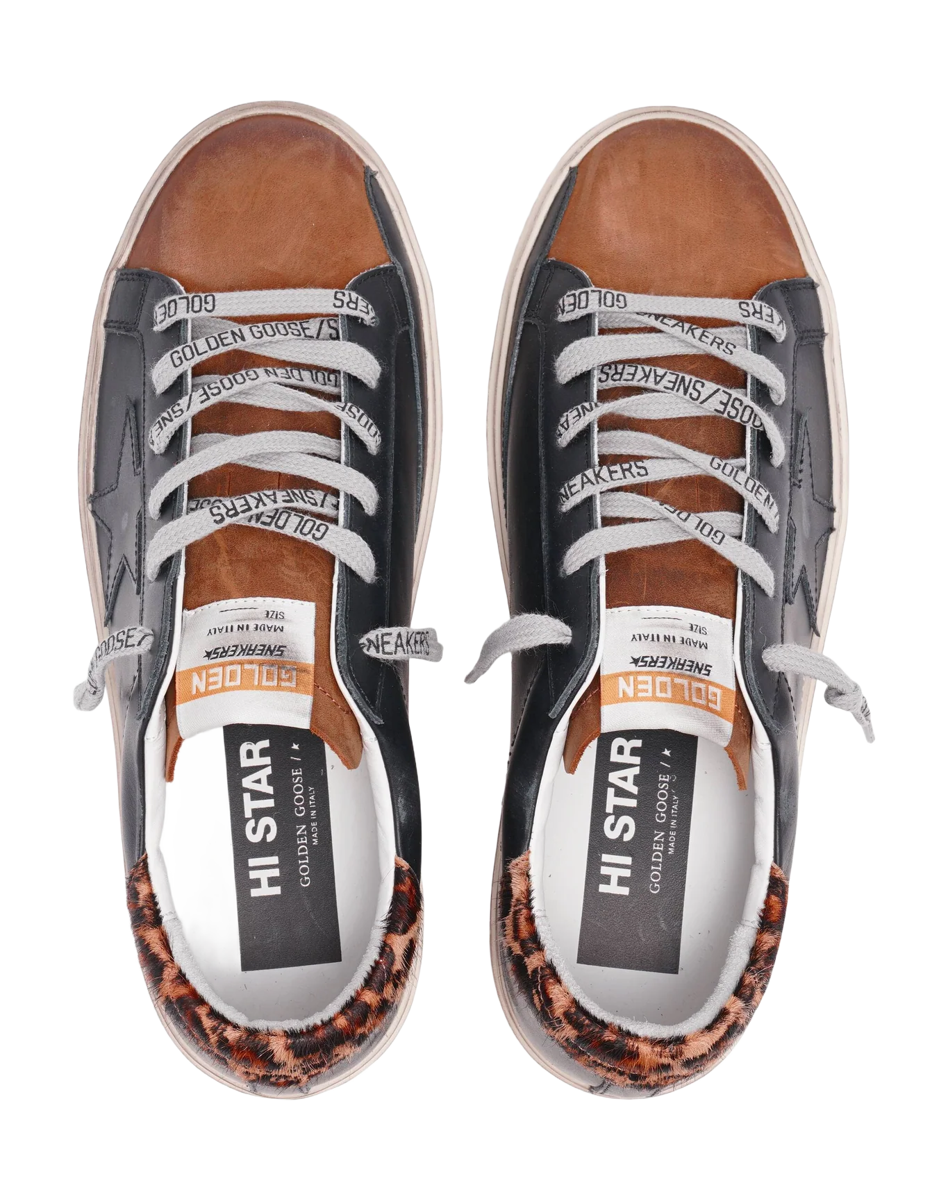 Women | Hi Star Sneakers Black & Brown Leather with Leo Pony Skin Heel Tab | Black x Coffee Brown x Beige Brown Leo - Image 4