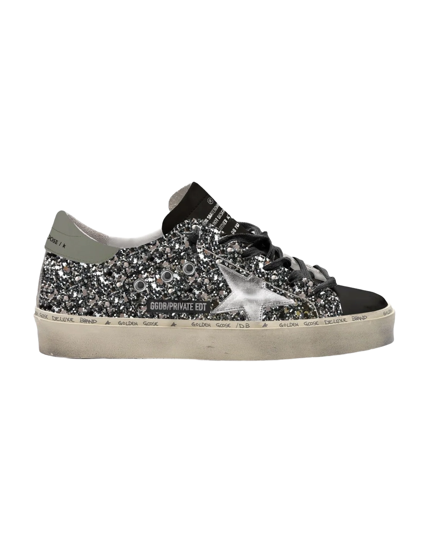 Women | Hi Star Sneakers Black Glitter with Laminated Star & Black Leather Toe | Silver Black x Black x Silver x Military Green