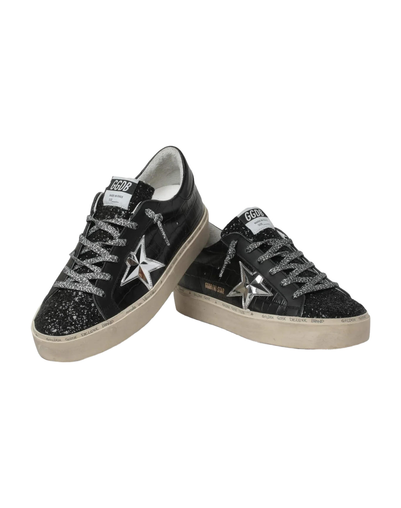 Women | Hi Star Sneakers Black Leather with Glitter Toe & Silver Star | Black x Silver