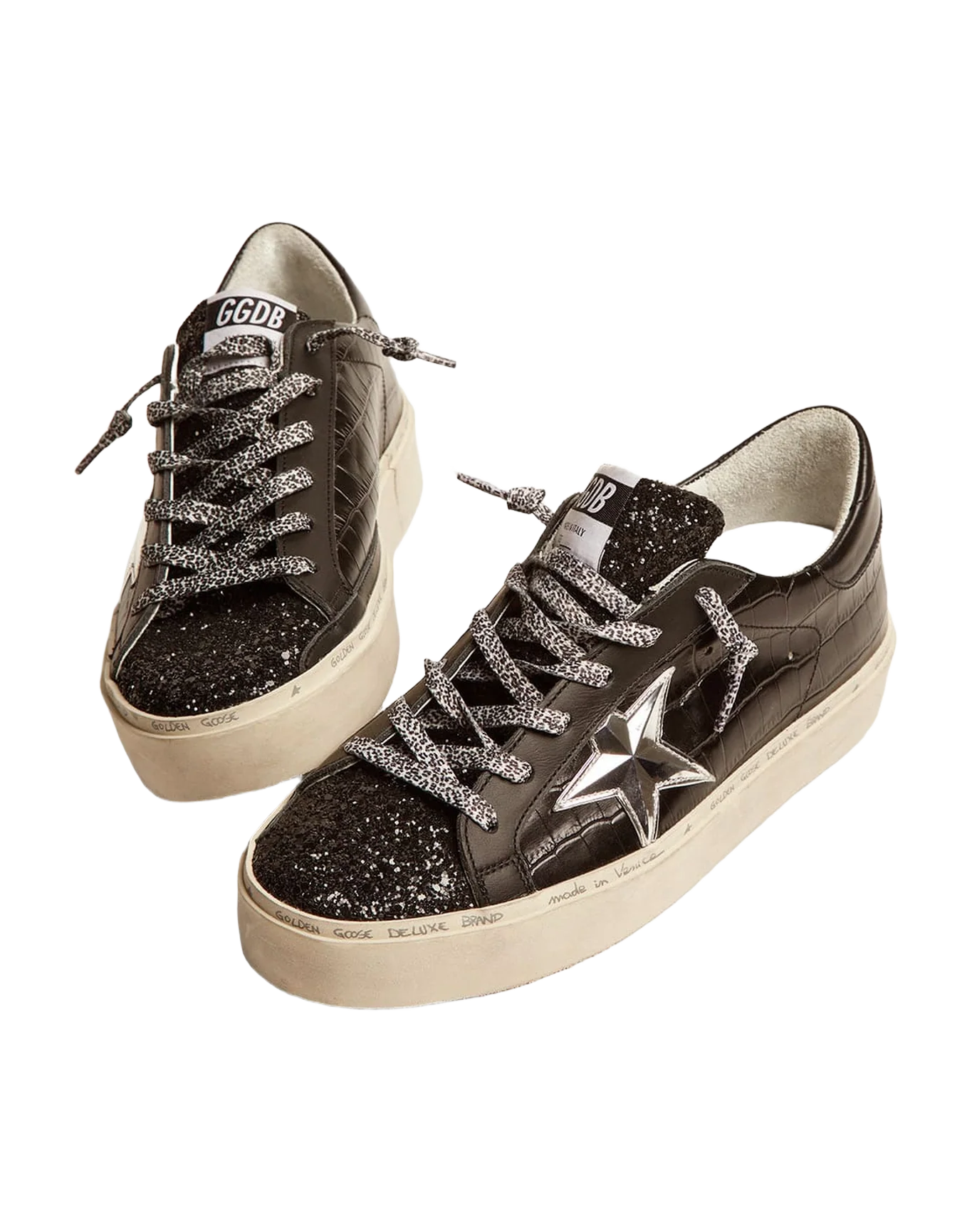 Women | Hi Star Sneakers Black Leather with Glitter Toe & Silver Star | Black x Silver - Image 4