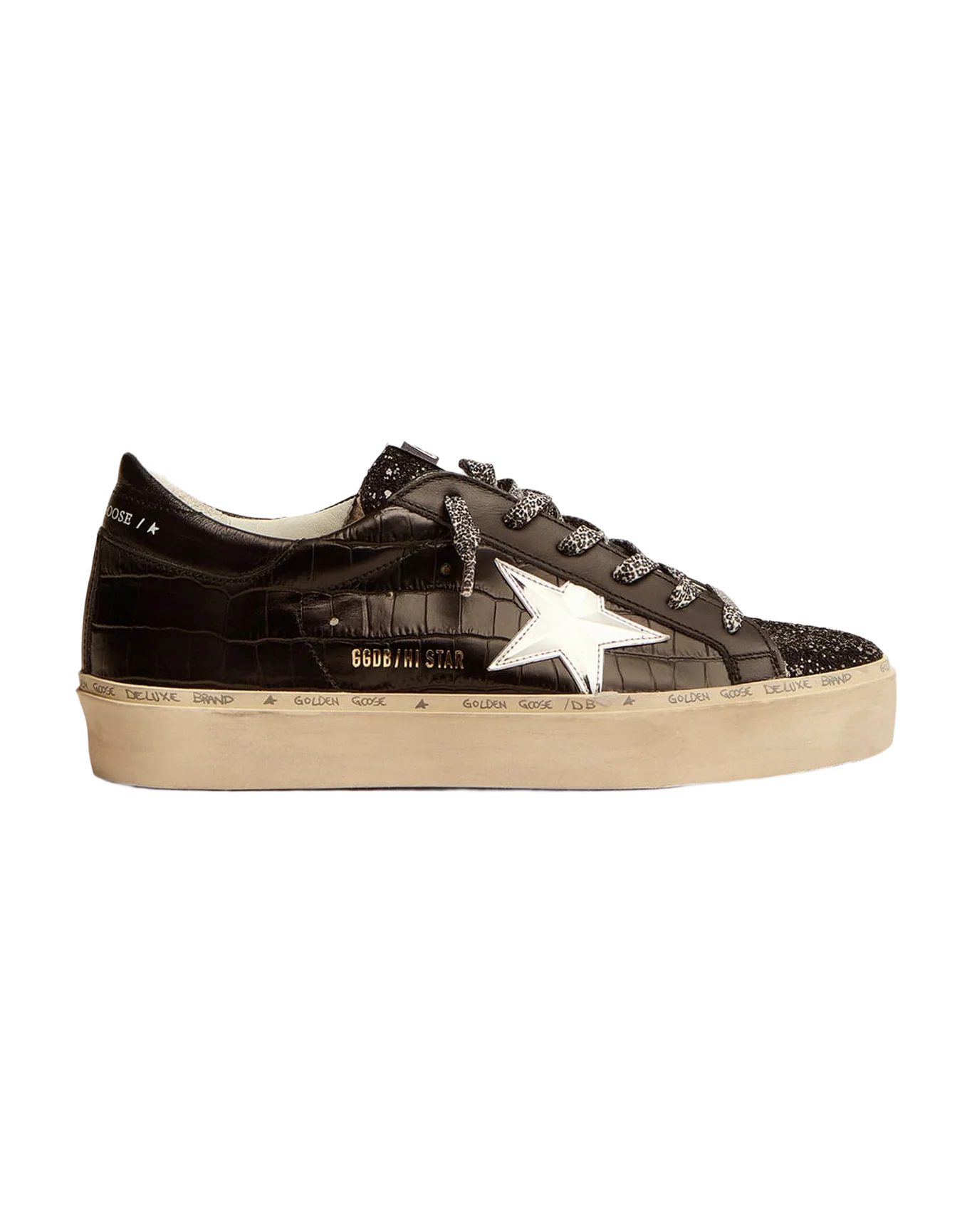 Women | Hi Star Sneakers Black Leather with Glitter Toe & Silver Star | Black x Silver - Image 8