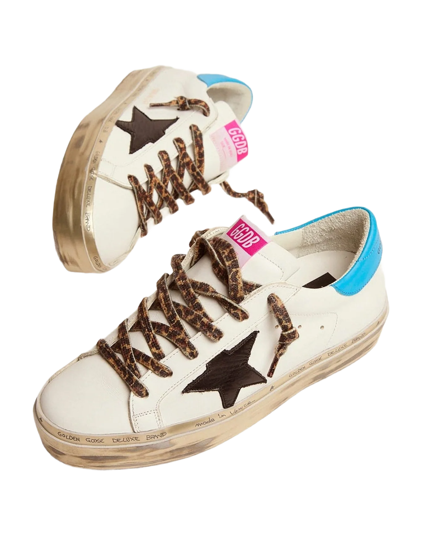 Women | Hi Star Sneakers White Leather with Black Star & Blue Electric Heel Tab | White x Black x Cyan Blue