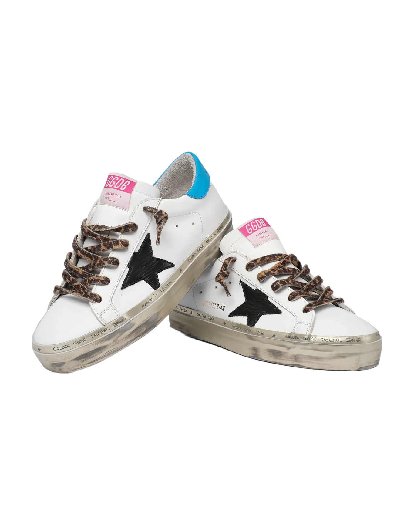 Women | Hi Star Sneakers White Leather with Black Star & Blue Electric Heel Tab | White x Black x Cyan Blue - Image 3