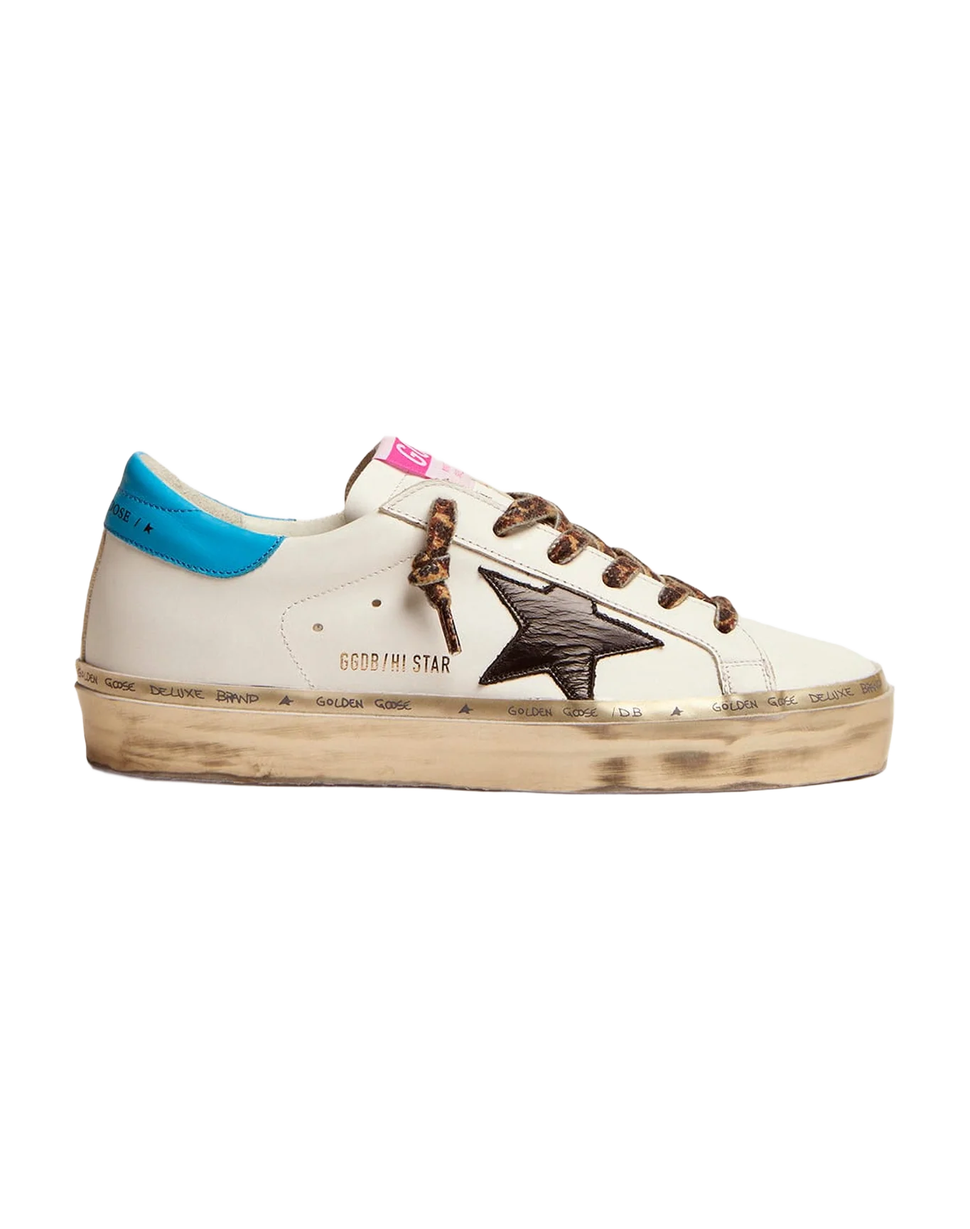 Women | Hi Star Sneakers White Leather with Black Star & Blue Electric Heel Tab | White x Black x Cyan Blue - Image 4