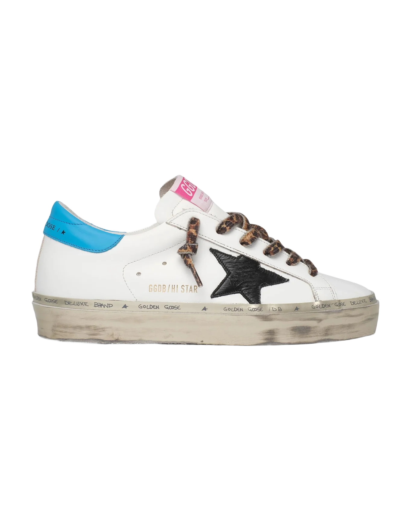 Women | Hi Star Sneakers White Leather with Black Star & Blue Electric Heel Tab | White x Black x Cyan Blue - Image 5