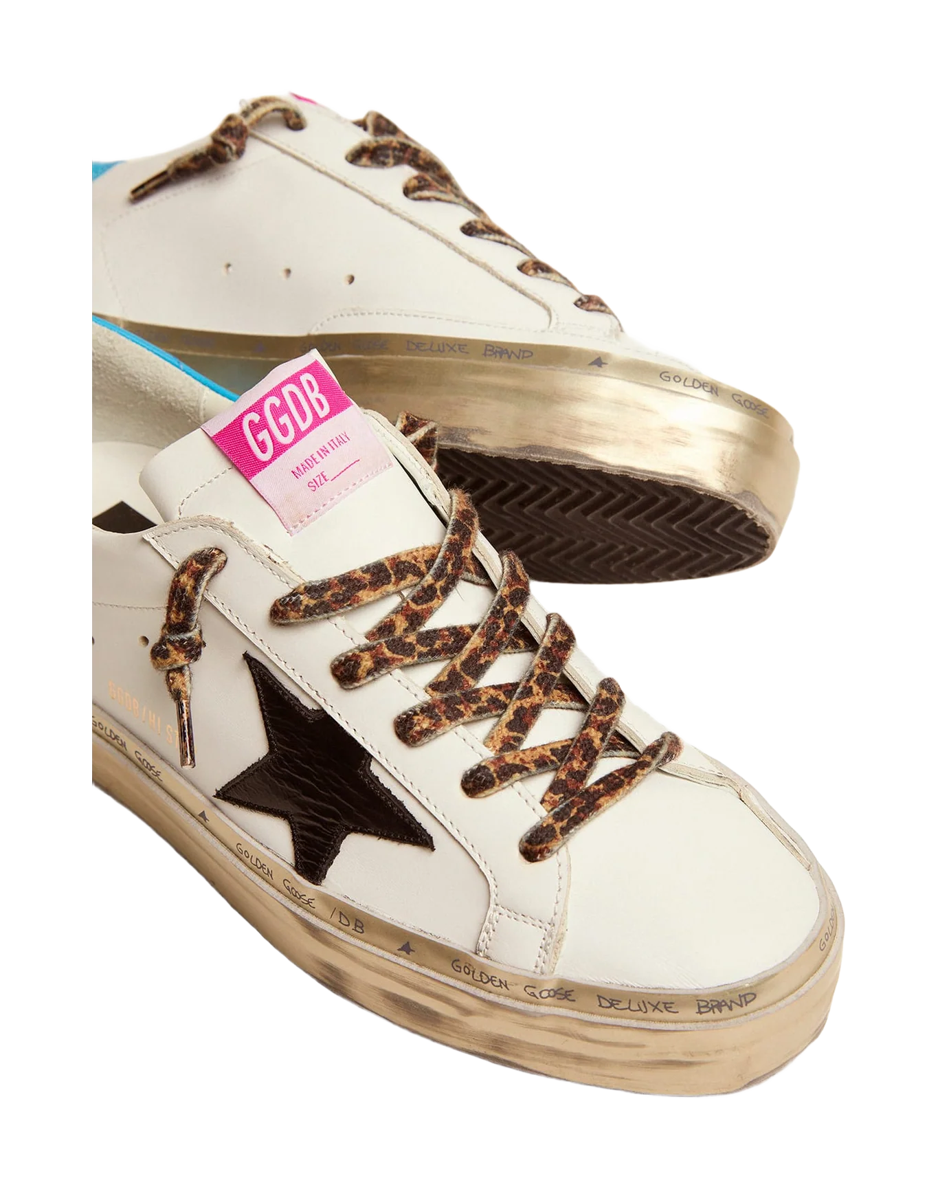 Women | Hi Star Sneakers White Leather with Black Star & Blue Electric Heel Tab | White x Black x Cyan Blue - Image 6