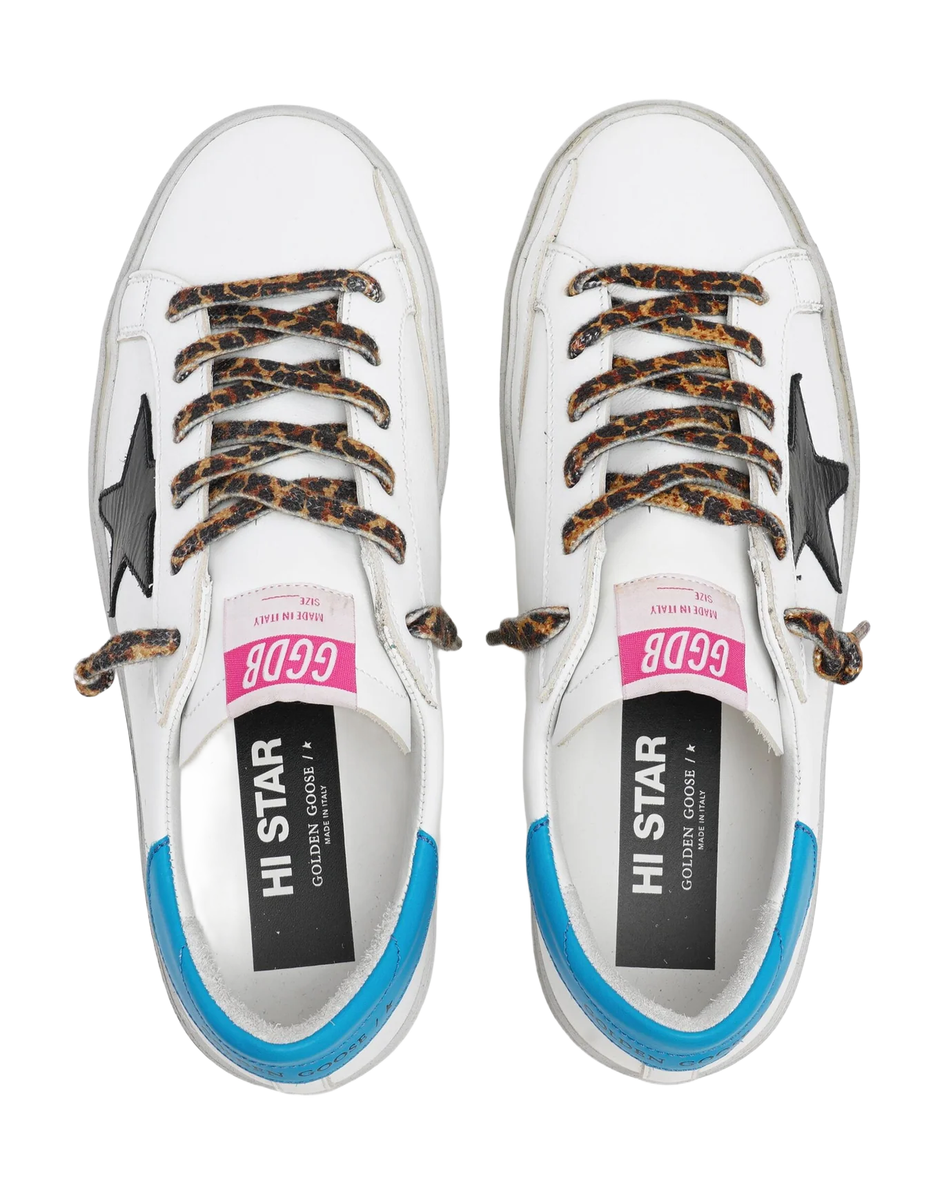 Women | Hi Star Sneakers White Leather with Black Star & Blue Electric Heel Tab | White x Black x Cyan Blue - Image 8