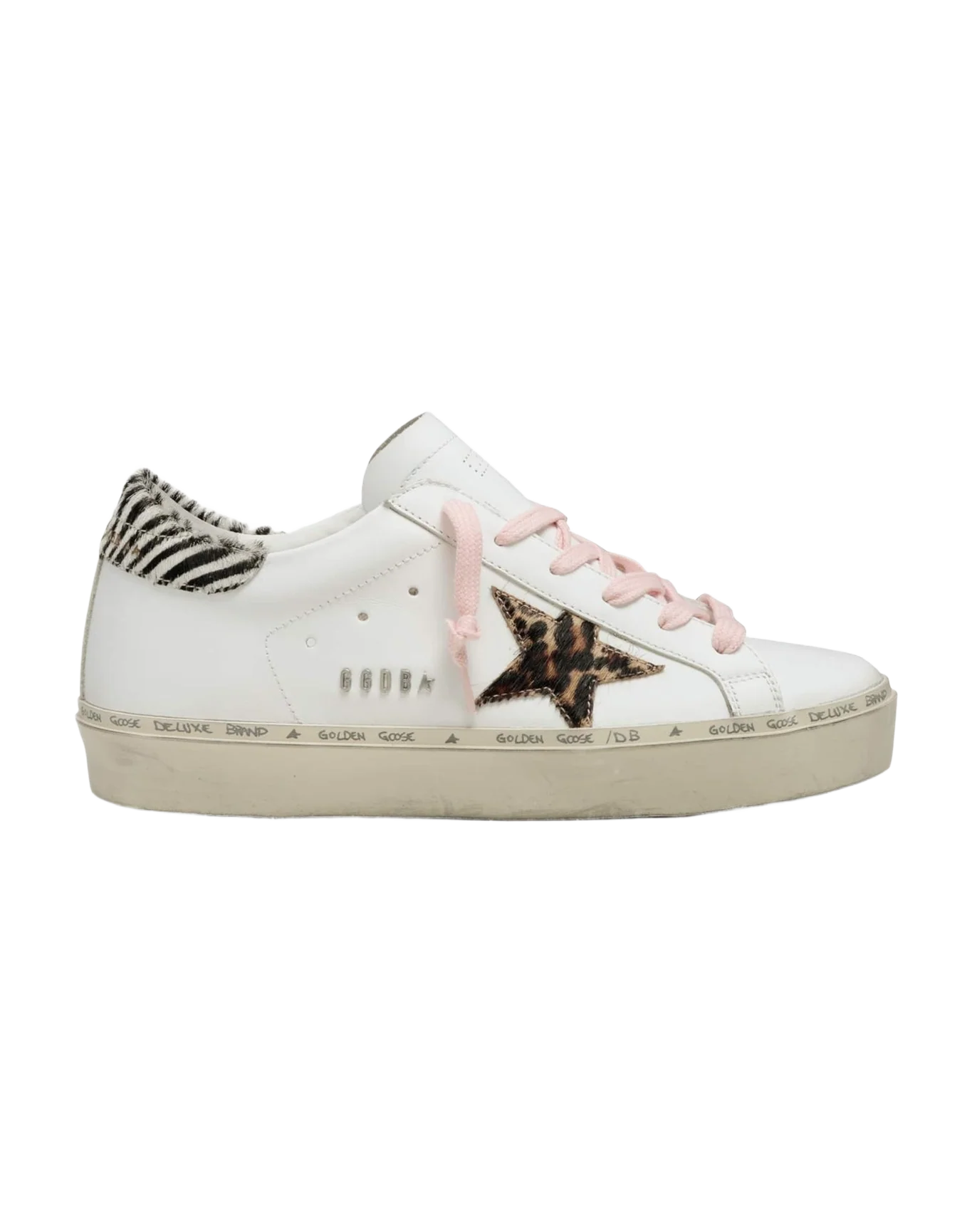 Women | Hi Star Sneakers White Leather with Leopard Pony Skin Star & Zebra Pony Skin Heel Tab | White x Beige Brown Leo x White Black