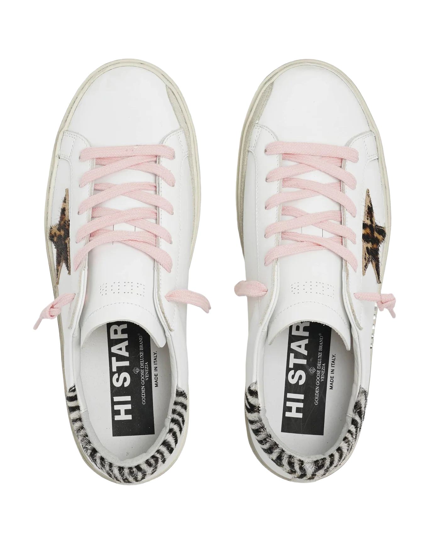 Women | Hi Star Sneakers White Leather with Leopard Pony Skin Star & Zebra Pony Skin Heel Tab | White x Beige Brown Leo x White Black - Image 2