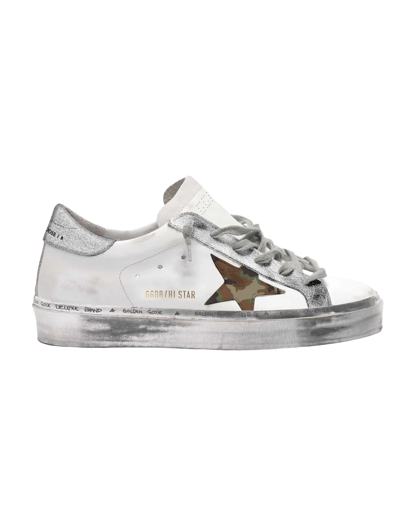 Women | Hi Star Sneakers with Camouflage Star & Glittery Heel Tab | White x Green Camouflage x Silver - Image 4
