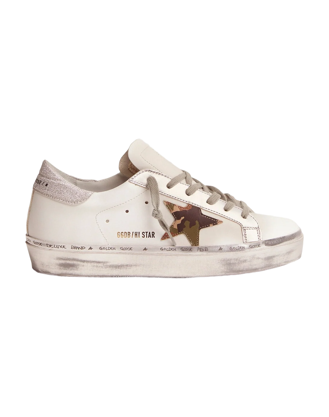 Women | Hi Star Sneakers with Camouflage Star & Glittery Heel Tab | White x Green Camouflage x Silver - Image 5