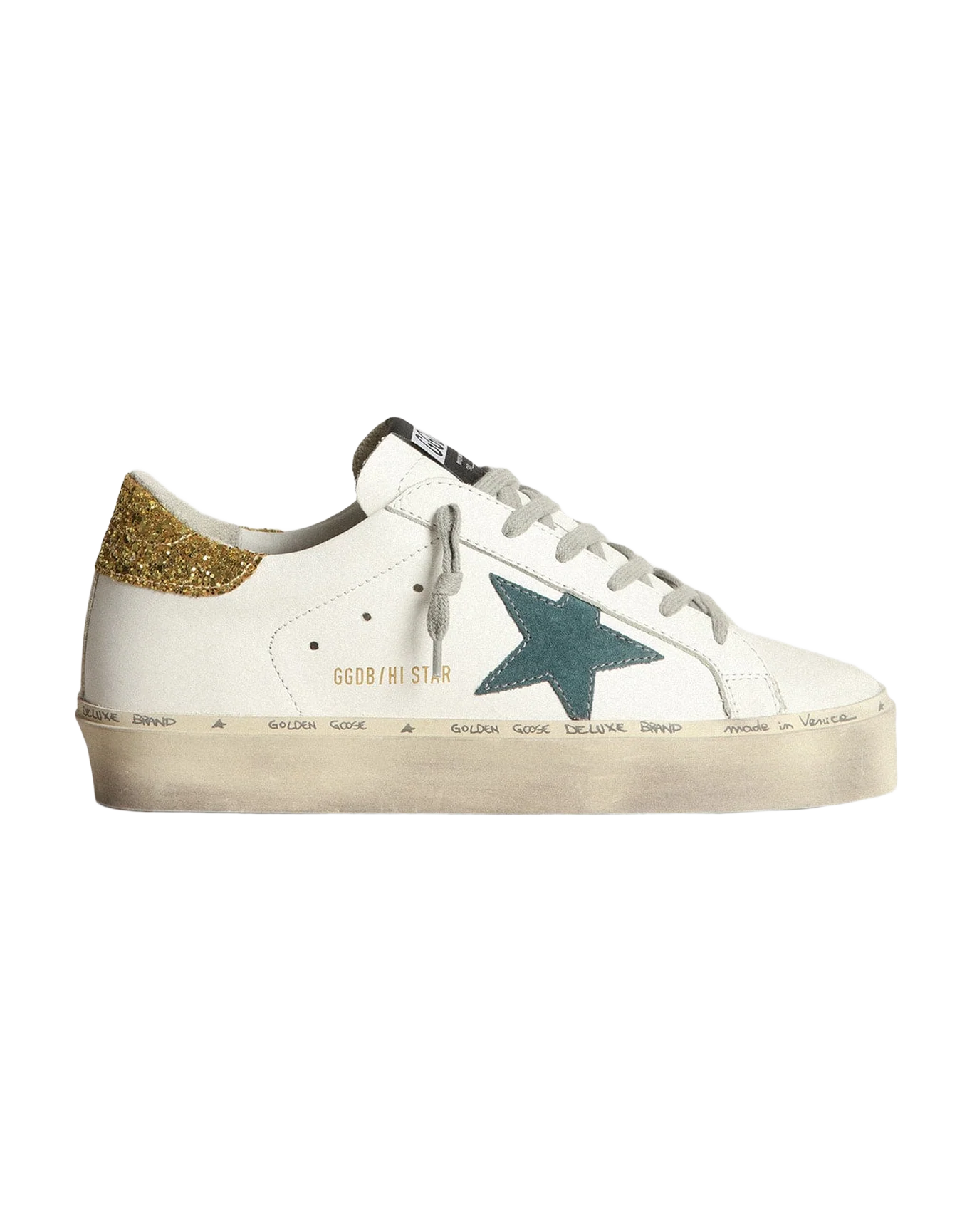 Women | Hi Star Sneakers with Petrol-Blue Suede Star & Gold Glitter Heel Tab | White x Petroleum x Gold - Image 4