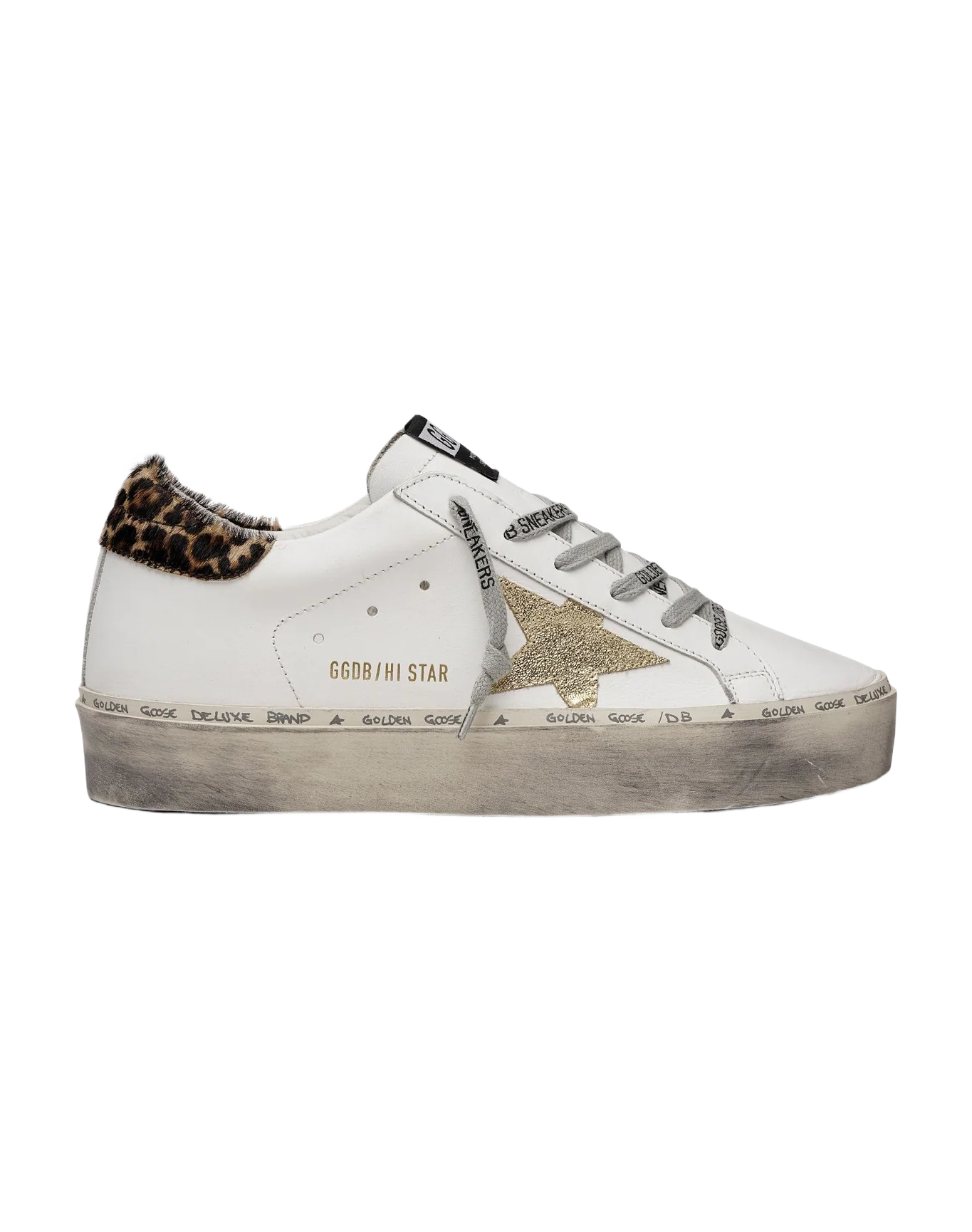 Women | Hi Star White Leather with Gold Glitter Star & Leopard-Print Pony Skin Heel Tab - Image 2
