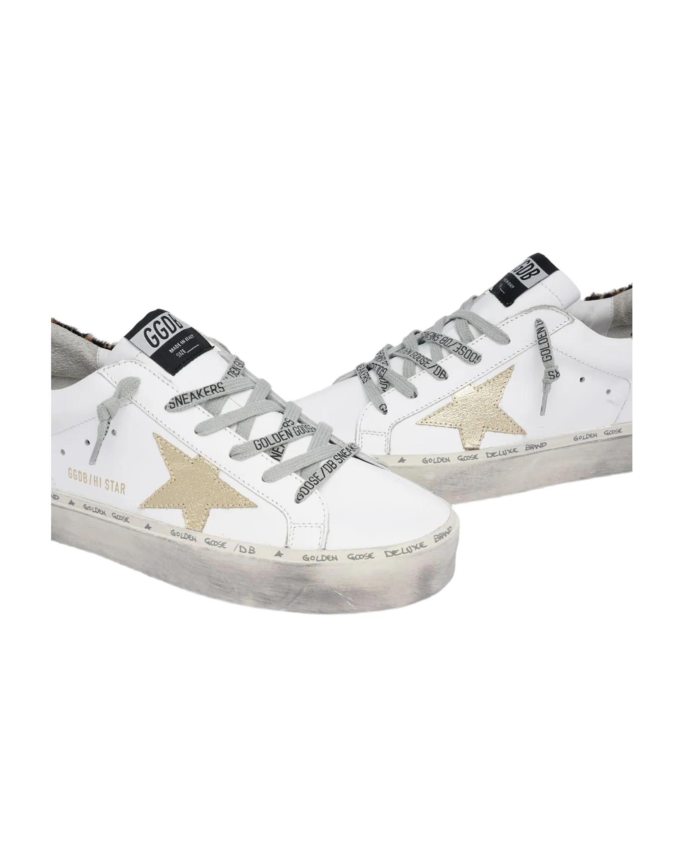 Women | Hi Star White Leather with Gold Glitter Star & Leopard-Print Pony Skin Heel Tab - Image 3