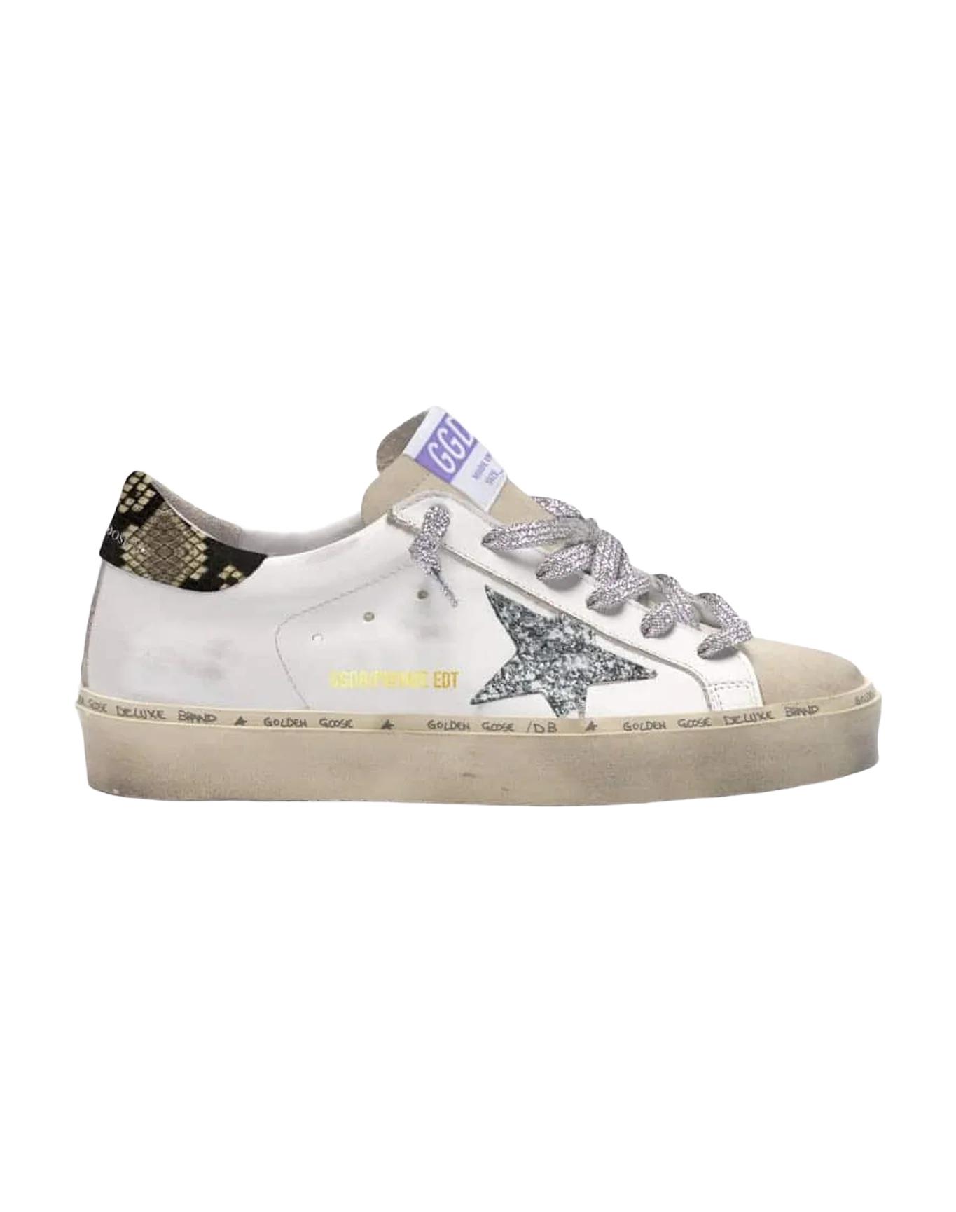 Women | Hi Star White Leather with Silver Star & Phyton Heel Tab | White x Cappuccino x Silver x Grey Black - Image 2