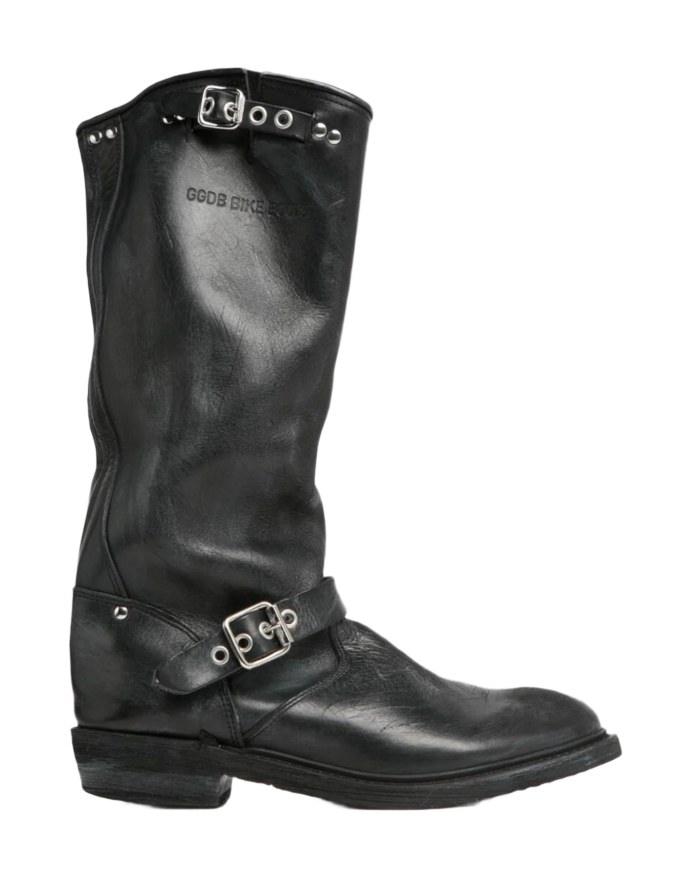 Women | High Biker Boots Black Leather with Silver Studs & Buckles