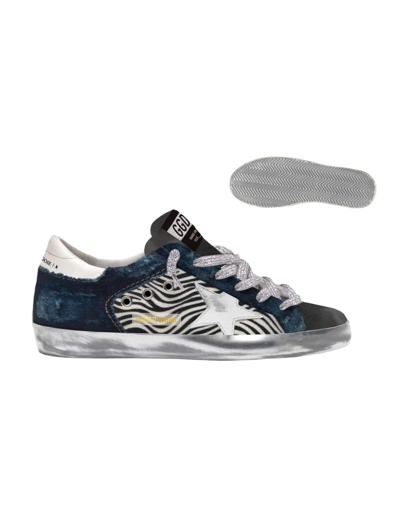 Women | Lab Limited Edition Super-Star Sneakers Denim, Zebra-Print Pony Skin & Suede | Black x White x Black Zebra x Bluette - Image 5