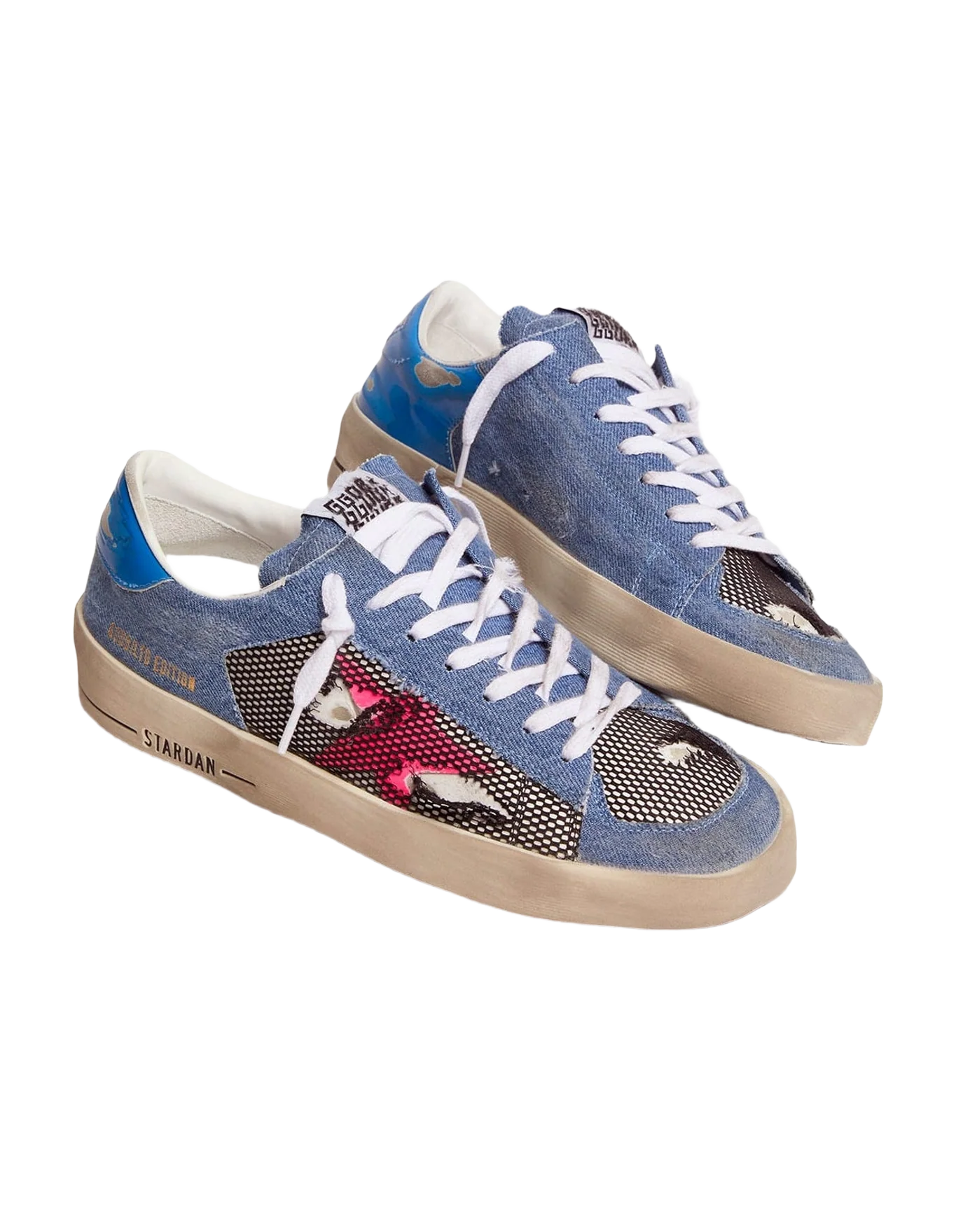 Women | Limited Edition Lab Denim Stardan Sneakers with Fuchsia Star | White x Black x Pink Fluo x Bluette