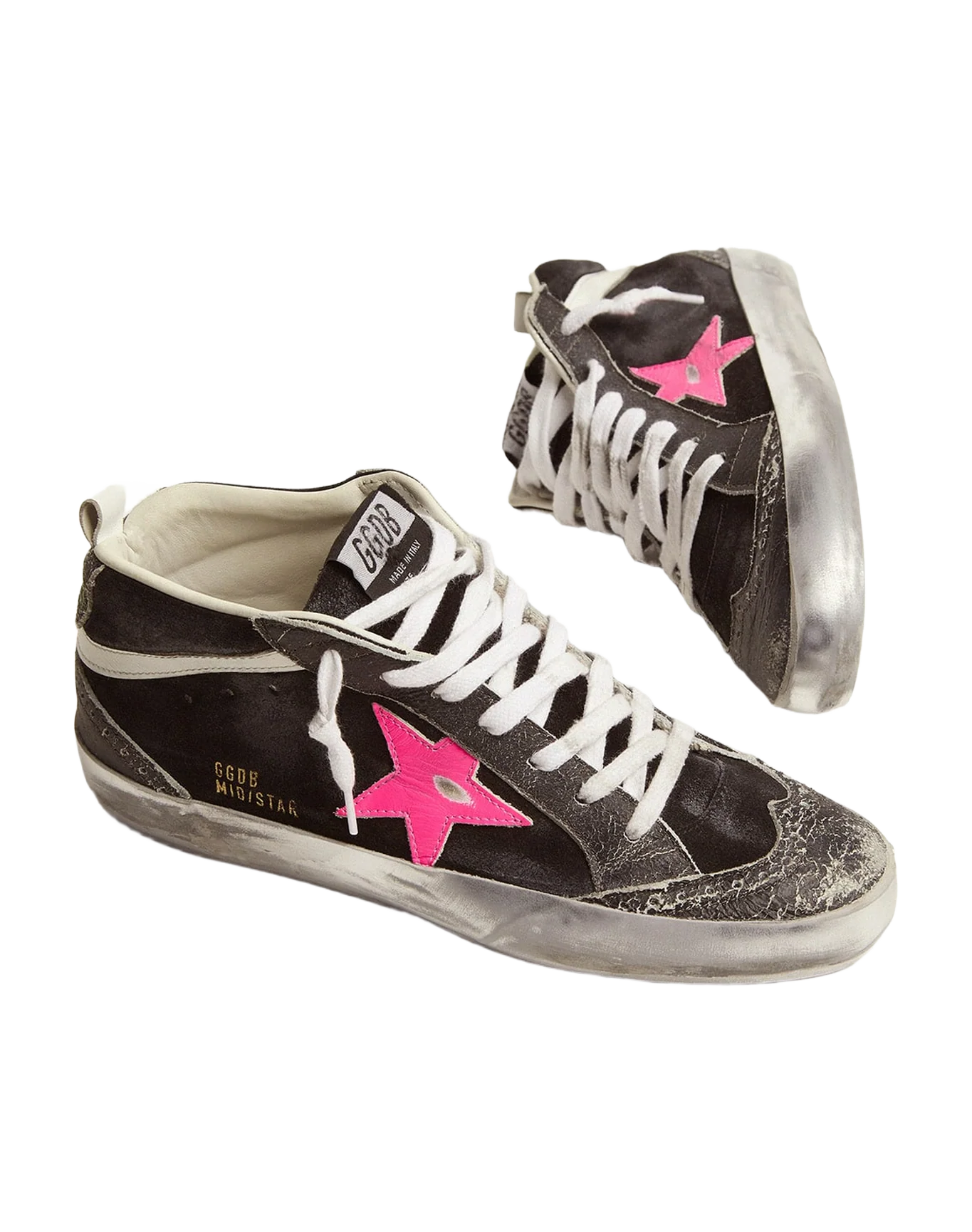 Women | Mid Star Sneakers Black Suede with Crackle Leather Details | Black x Pink Fluo x White - Image 8